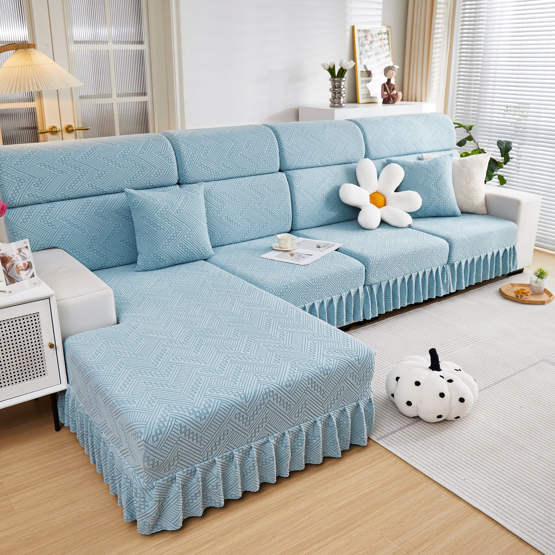Stretchable Chaise Lounge Sofa Covers and Couch Seat Covers with Skirt for Sectional Couches