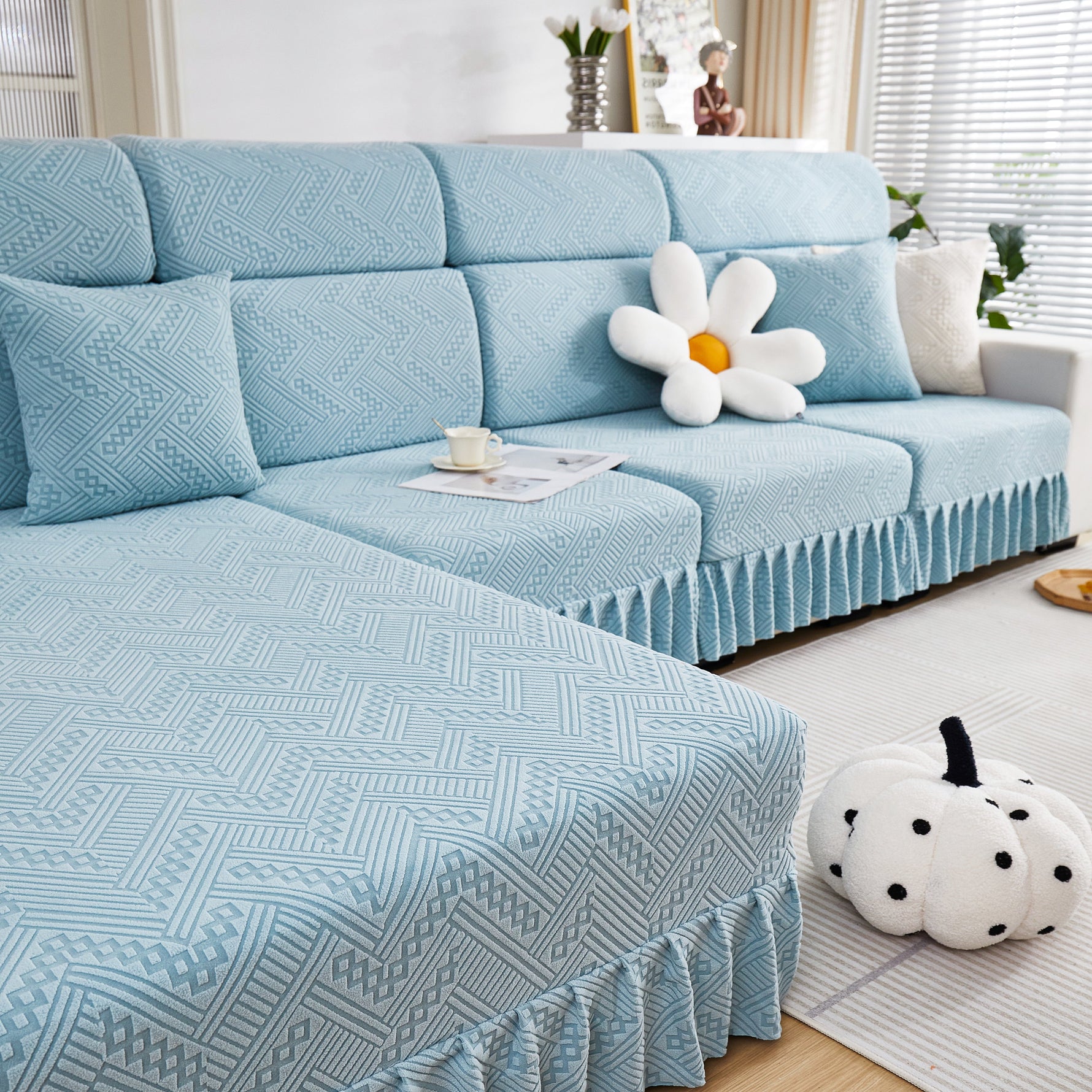 Stretchable Chaise Lounge Sofa Covers and Couch Seat Covers with Skirt for Sectional Couches