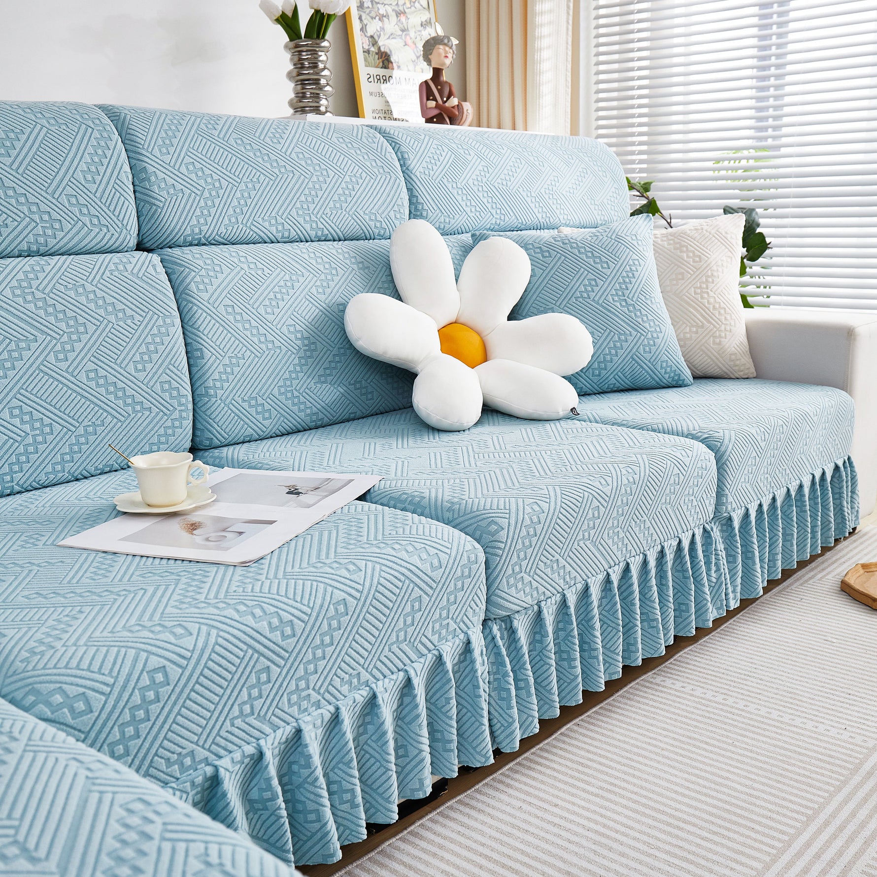 Stretchable Chaise Lounge Sofa Covers and Couch Seat Covers with Skirt for Sectional Couches