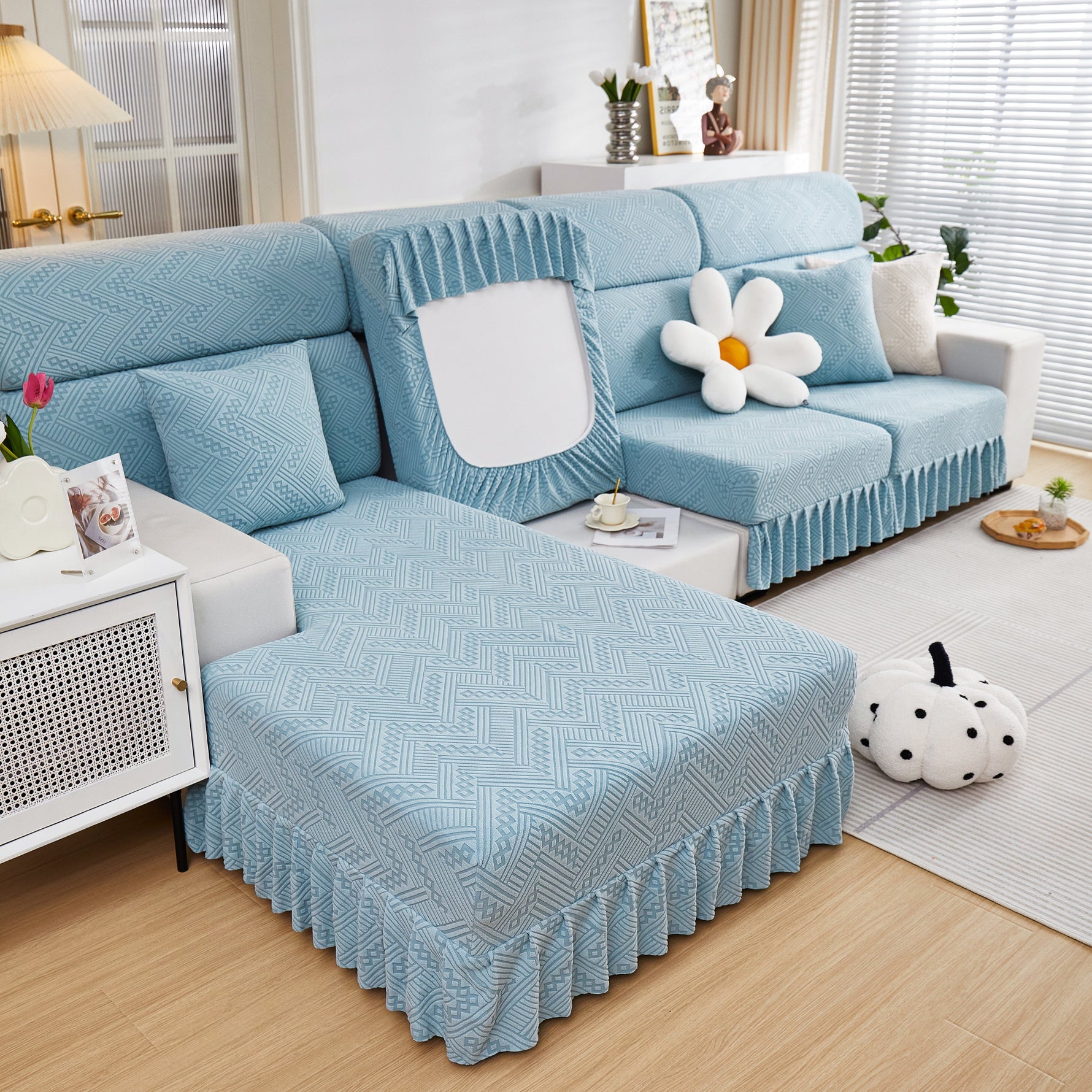 Stretchable Chaise Lounge Sofa Covers and Couch Seat Covers with Skirt for Sectional Couches