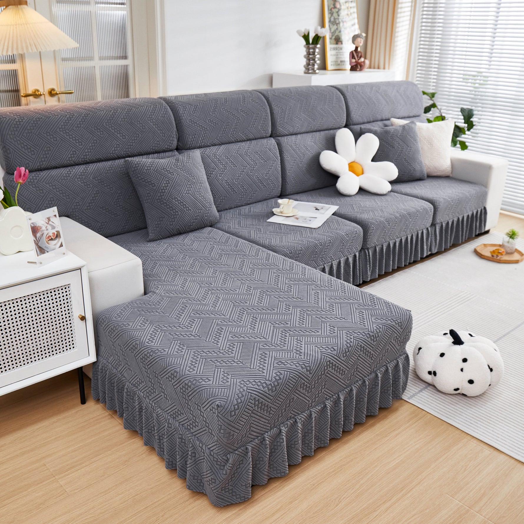 Stretchable Chaise Lounge Sofa Covers and Couch Seat Covers with Skirt for Sectional Couches