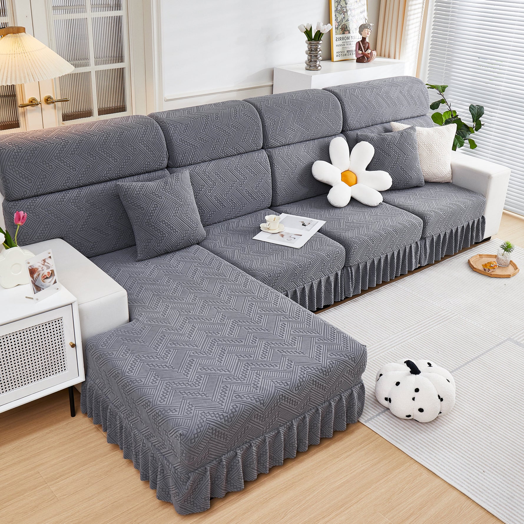 Stretchable Chaise Lounge Sofa Covers and Couch Seat Covers with Skirt for Sectional Couches