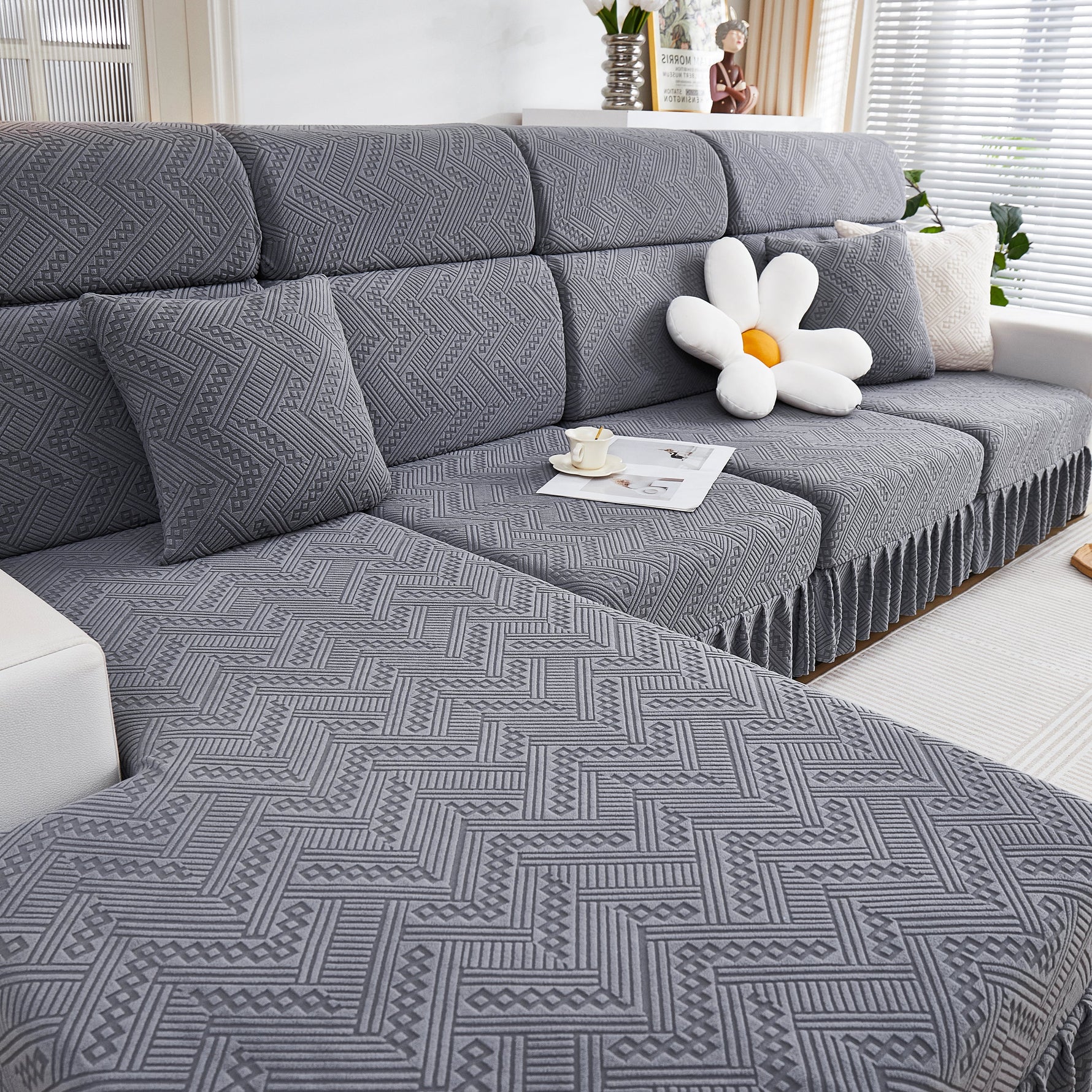 Stretchable Chaise Lounge Sofa Covers and Couch Seat Covers with Skirt for Sectional Couches