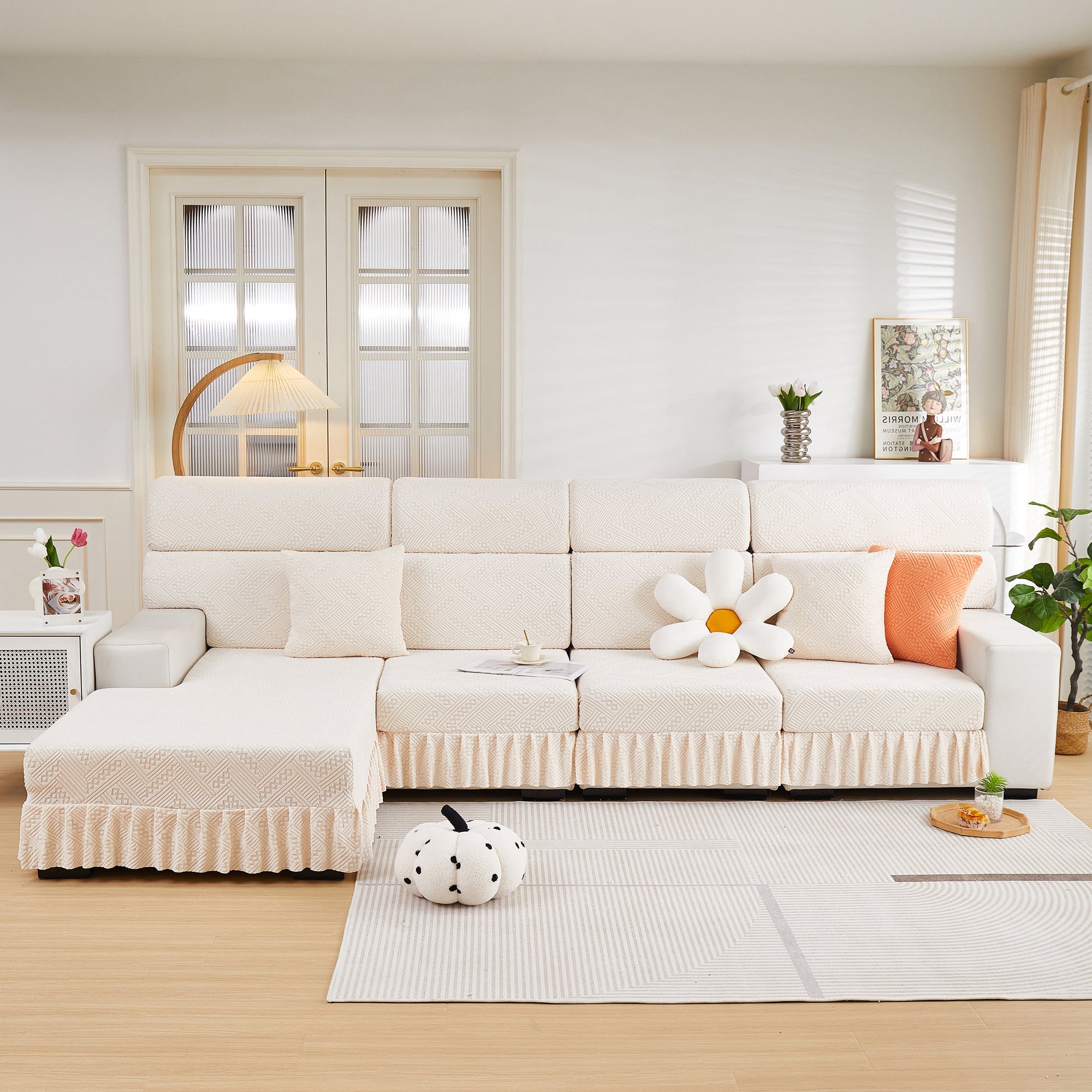 Stretchable Chaise Lounge Sofa Covers and Couch Seat Covers with Skirt for Sectional Couches