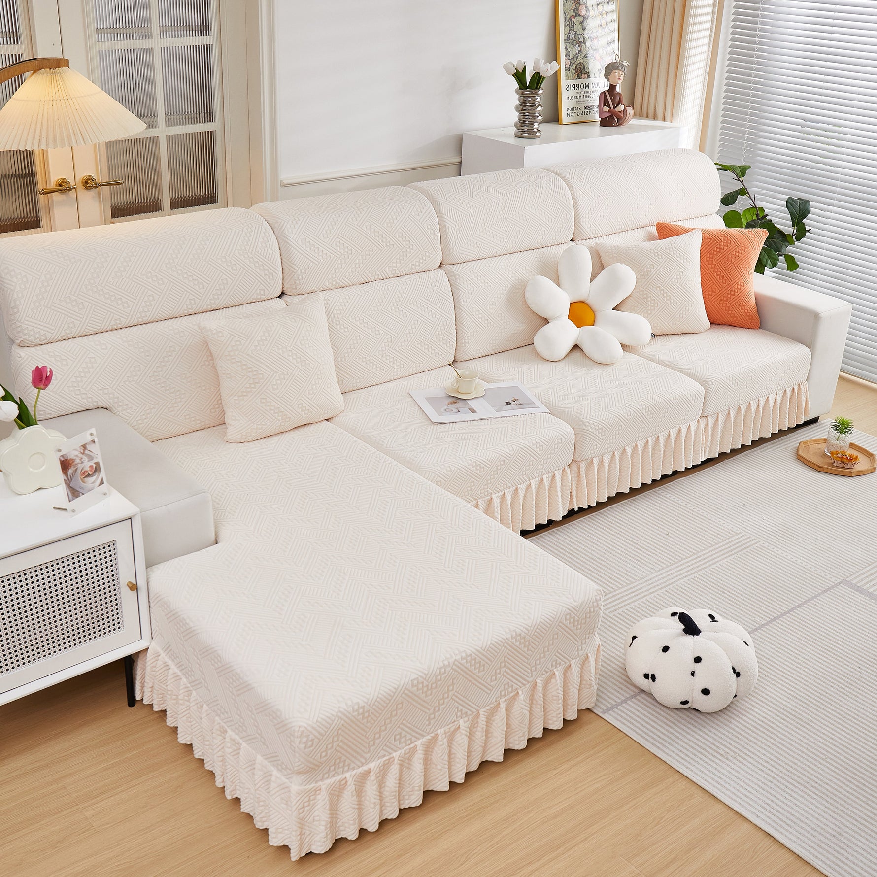 Stretchable Chaise Lounge Sofa Covers and Couch Seat Covers with Skirt for Sectional Couches