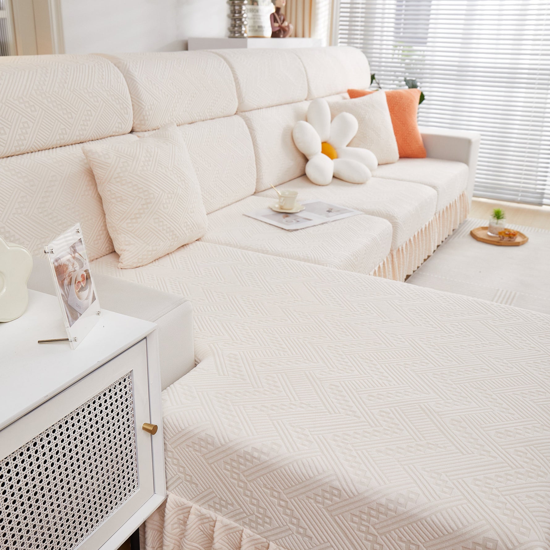 Stretchable Chaise Lounge Sofa Covers and Couch Seat Covers with Skirt for Sectional Couches