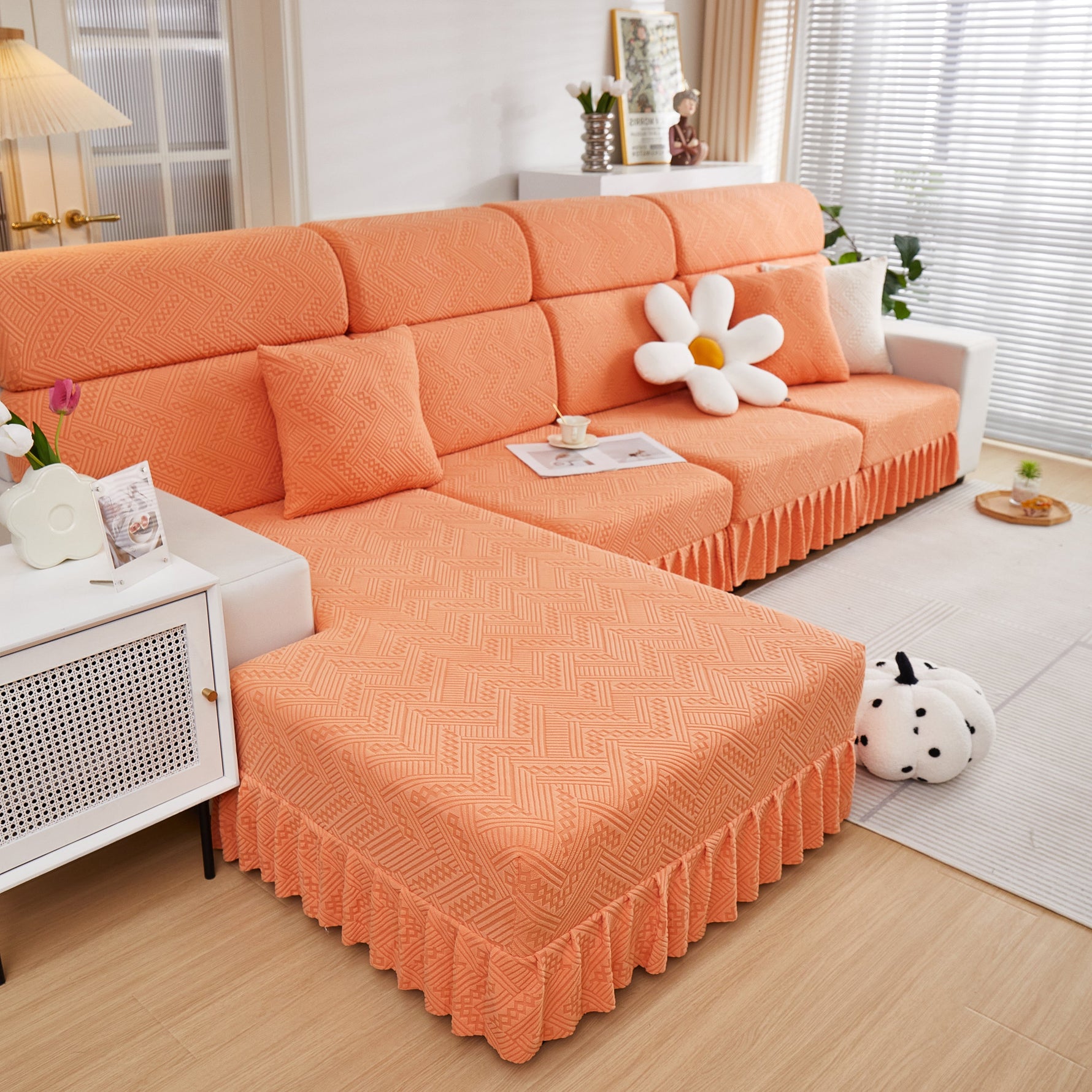 Stretchable Chaise Lounge Sofa Covers and Couch Seat Covers with Skirt for Sectional Couches