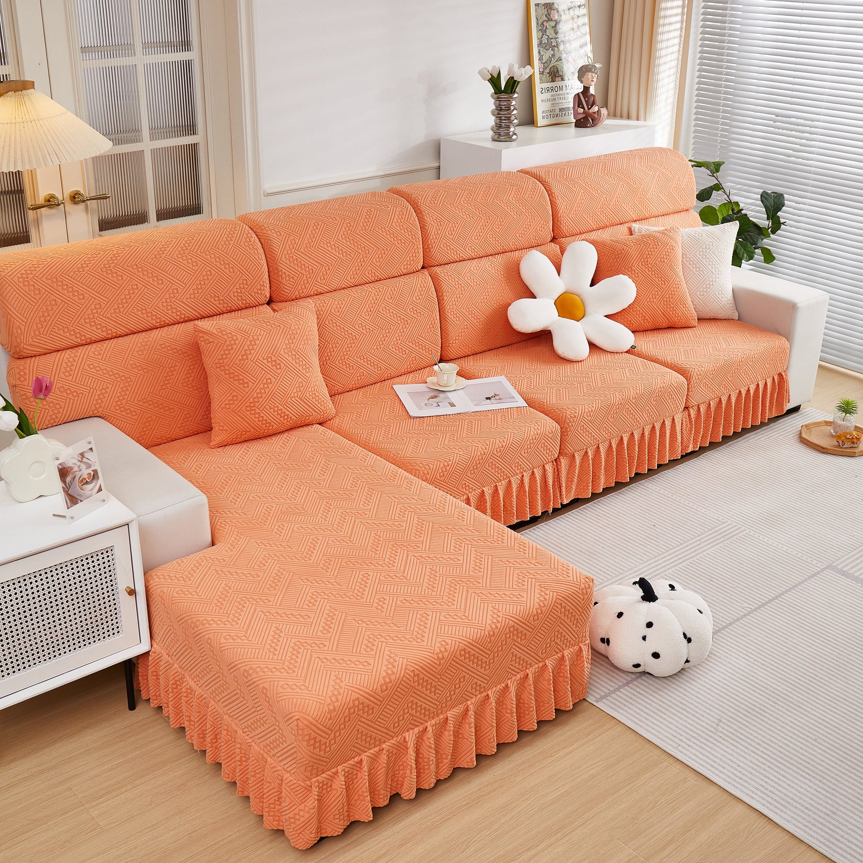 Stretchable Chaise Lounge Sofa Covers and Couch Seat Covers with Skirt for Sectional Couches