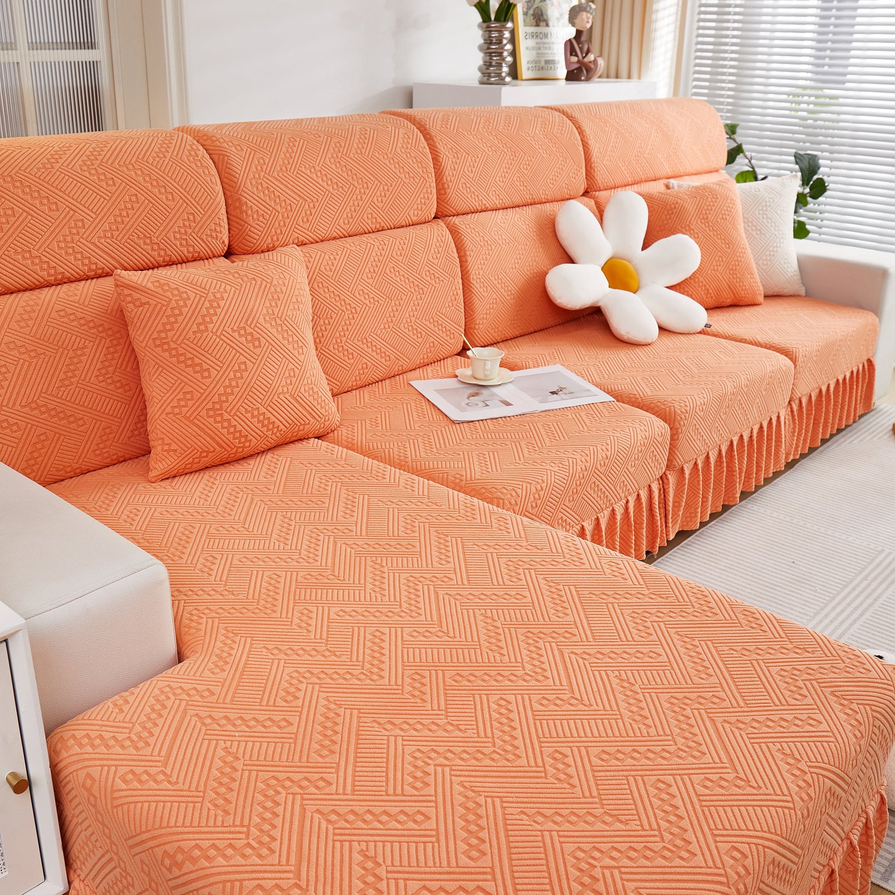 Stretchable Chaise Lounge Sofa Covers and Couch Seat Covers with Skirt for Sectional Couches