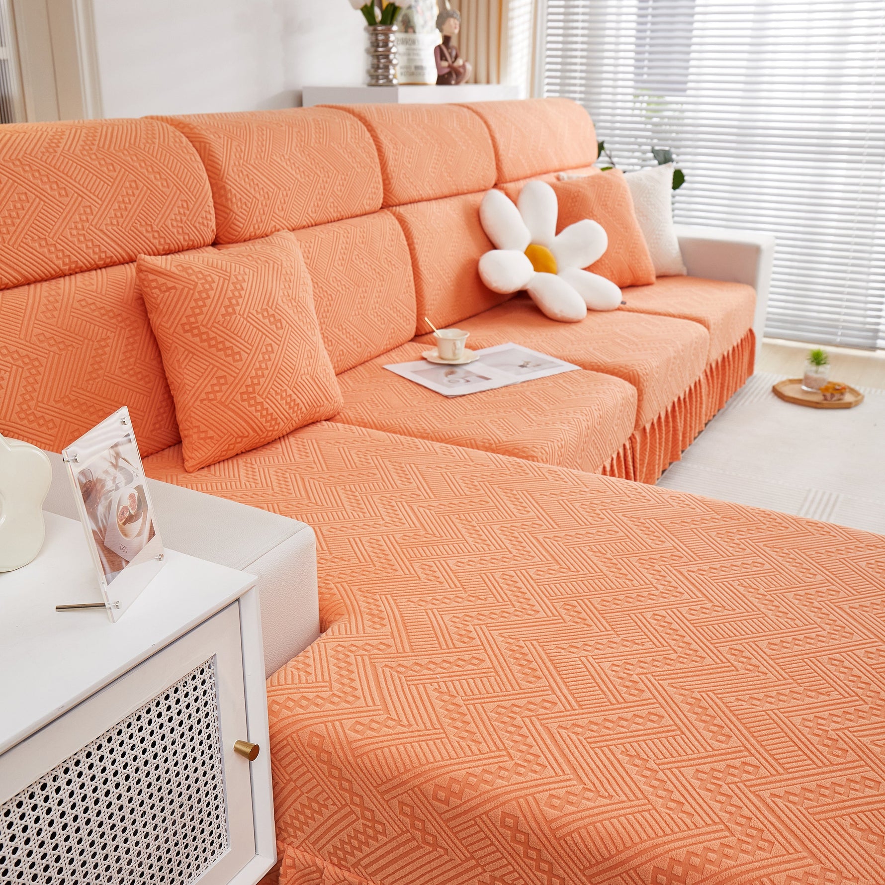 Stretchable Chaise Lounge Sofa Covers and Couch Seat Covers with Skirt for Sectional Couches