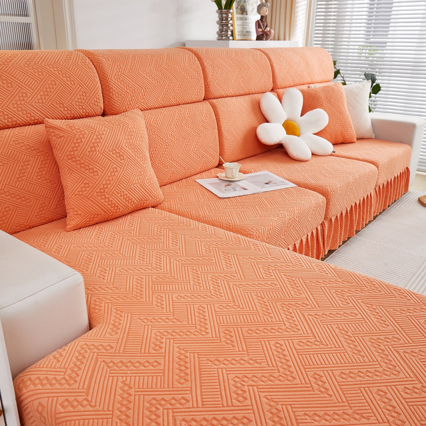 Stretchable Chaise Lounge Sofa Covers and Couch Seat Covers with Skirt for Sectional Couches