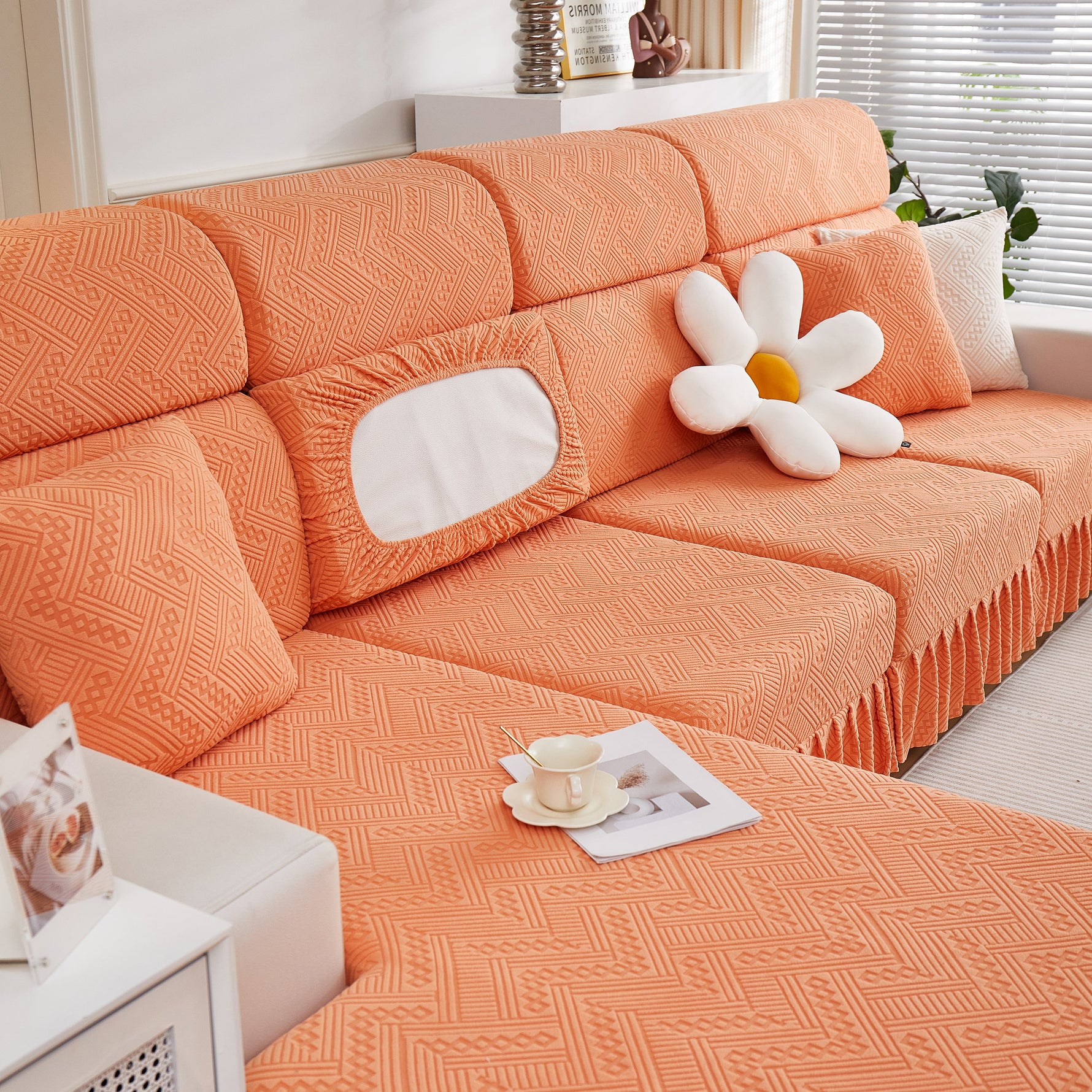 Stretchable Chaise Lounge Sofa Covers and Couch Seat Covers with Skirt for Sectional Couches