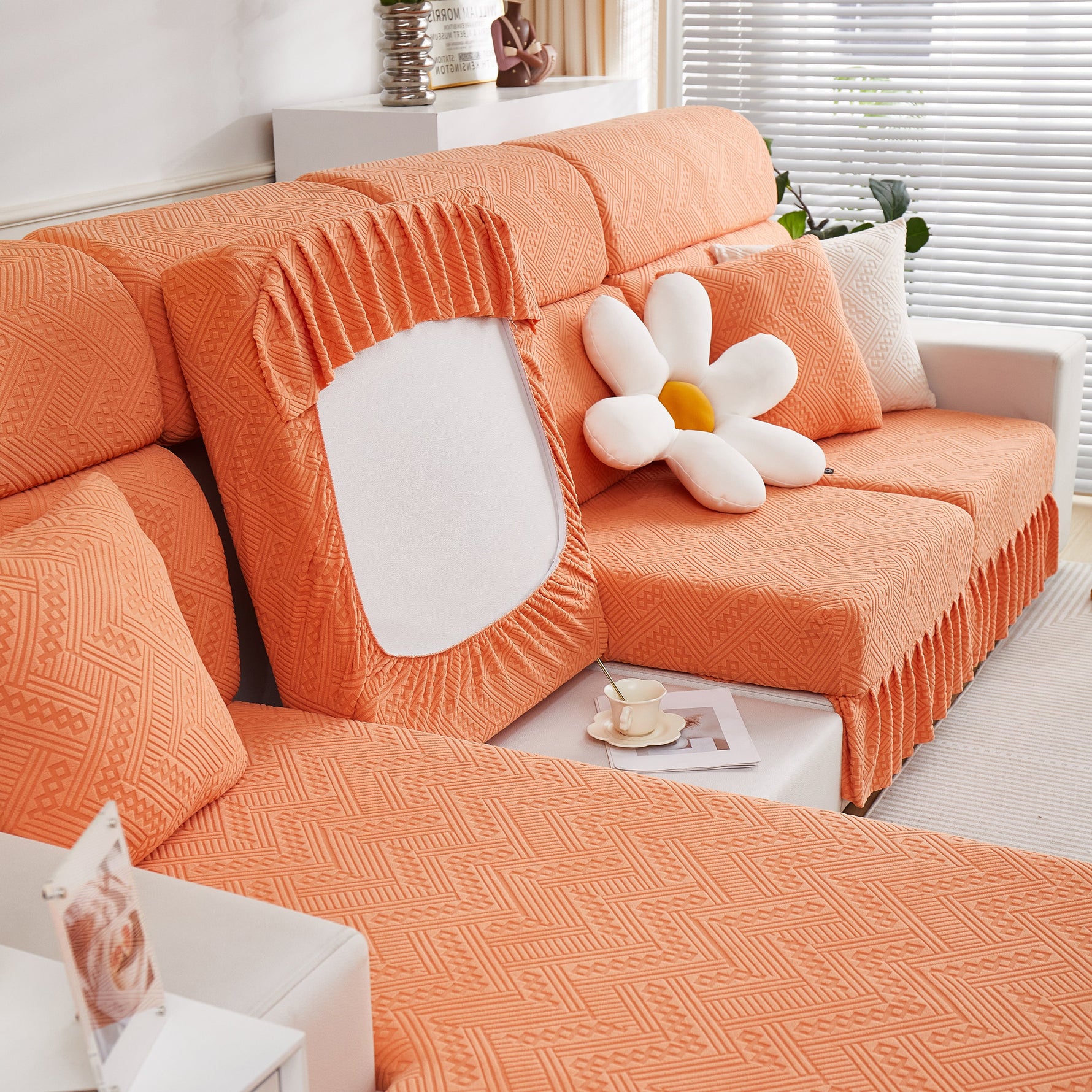 Stretchable Chaise Lounge Sofa Covers and Couch Seat Covers with Skirt for Sectional Couches