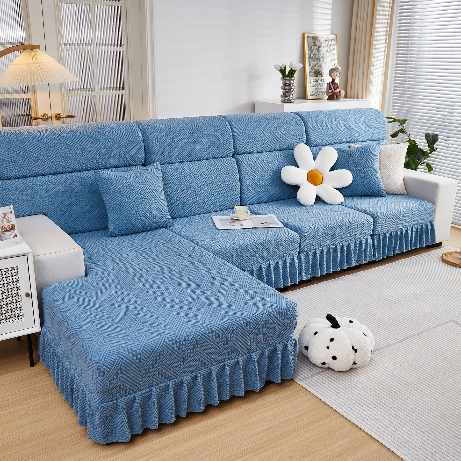 Stretchable Chaise Lounge Sofa Covers and Couch Seat Covers with Skirt for Sectional Couches