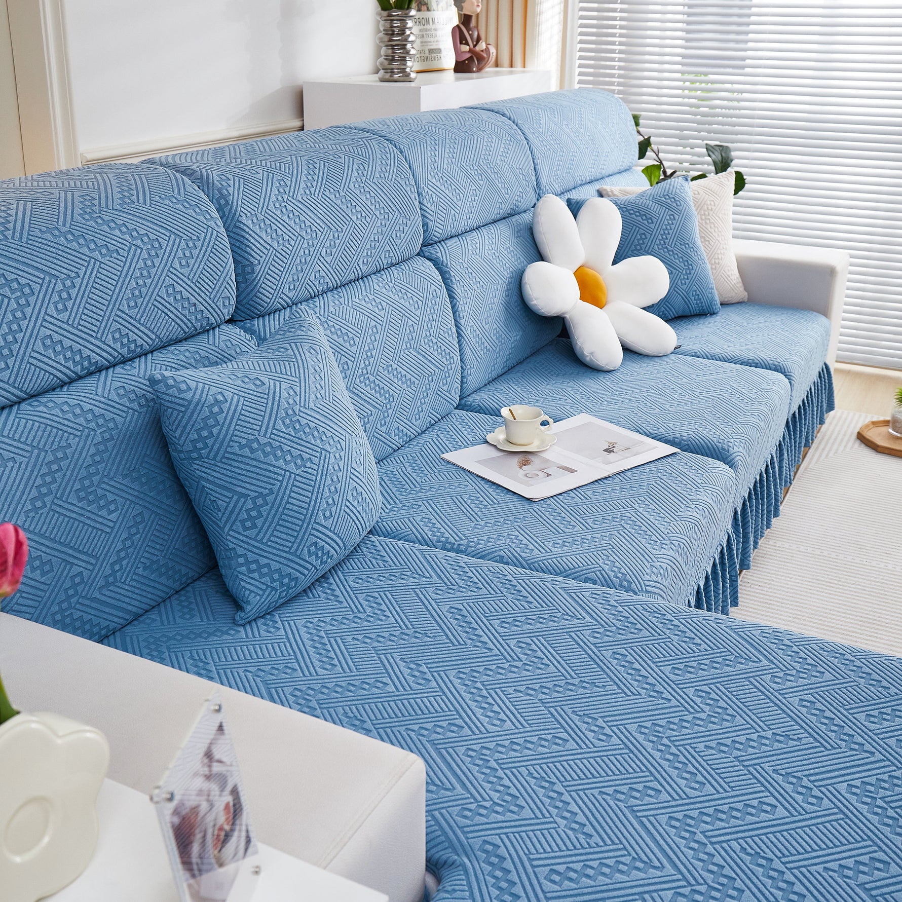 Stretchable Chaise Lounge Sofa Covers and Couch Seat Covers with Skirt for Sectional Couches