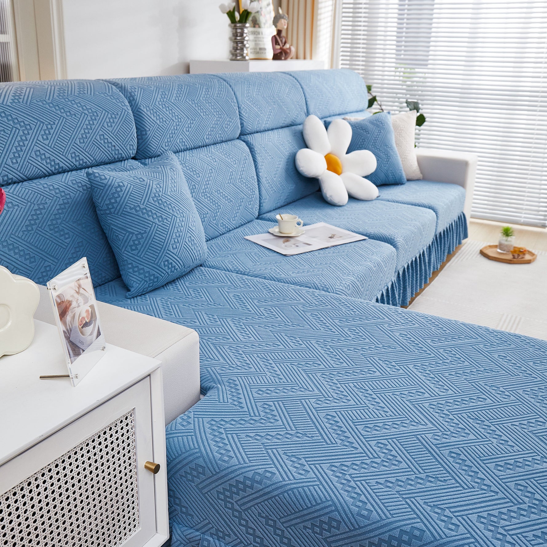 Stretchable Chaise Lounge Sofa Covers and Couch Seat Covers with Skirt for Sectional Couches