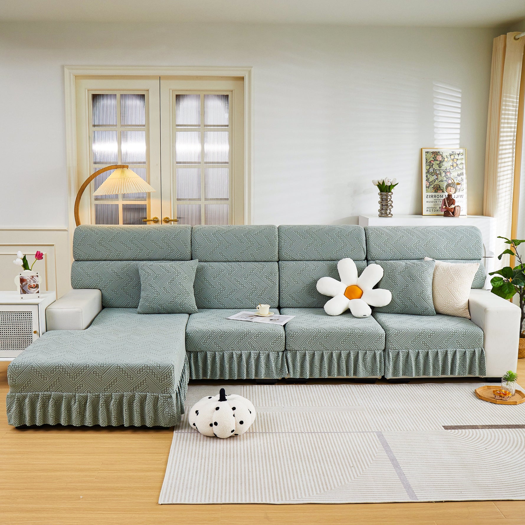 Stretchable Chaise Lounge Sofa Covers and Couch Seat Covers with Skirt for Sectional Couches