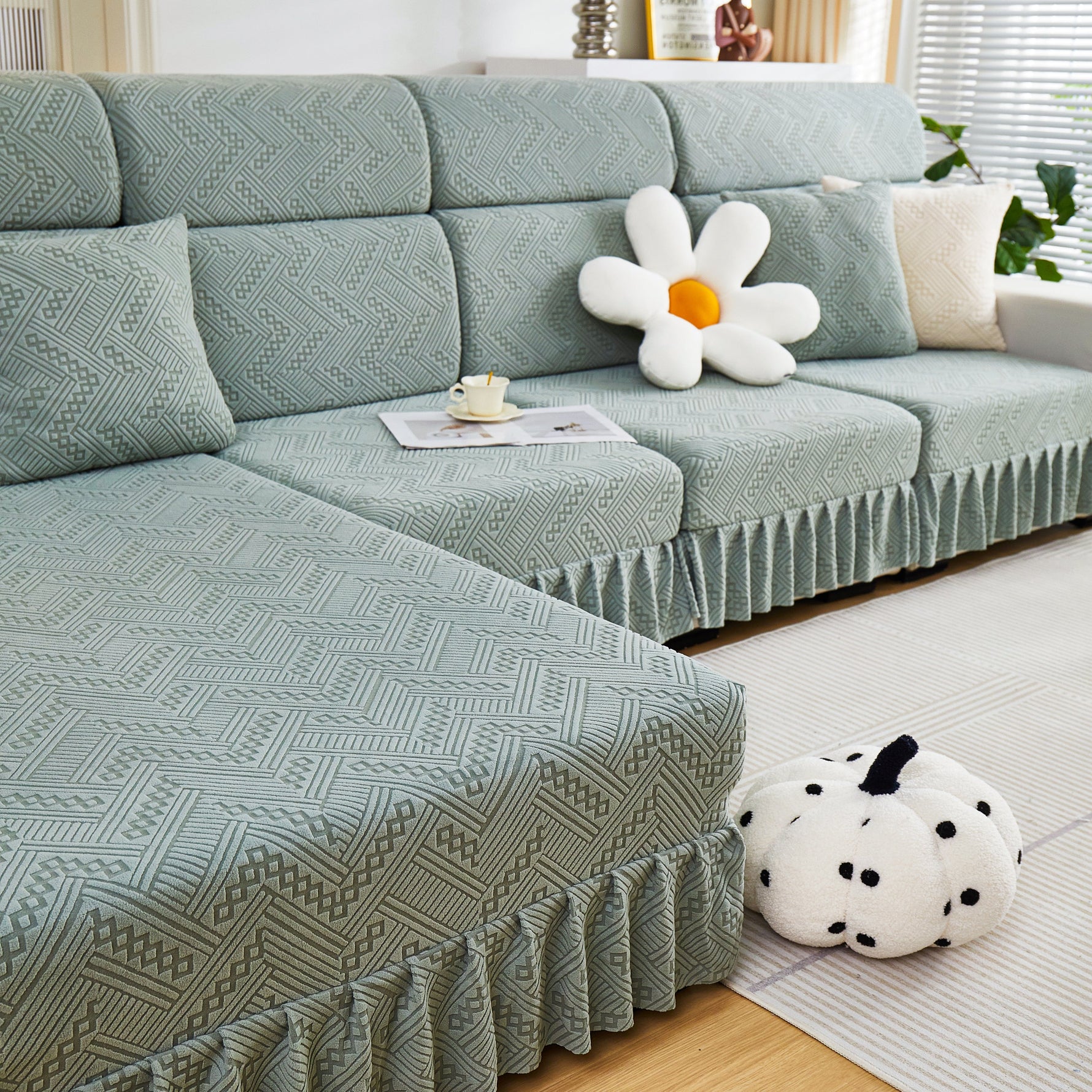 Stretchable Chaise Lounge Sofa Covers and Couch Seat Covers with Skirt for Sectional Couches