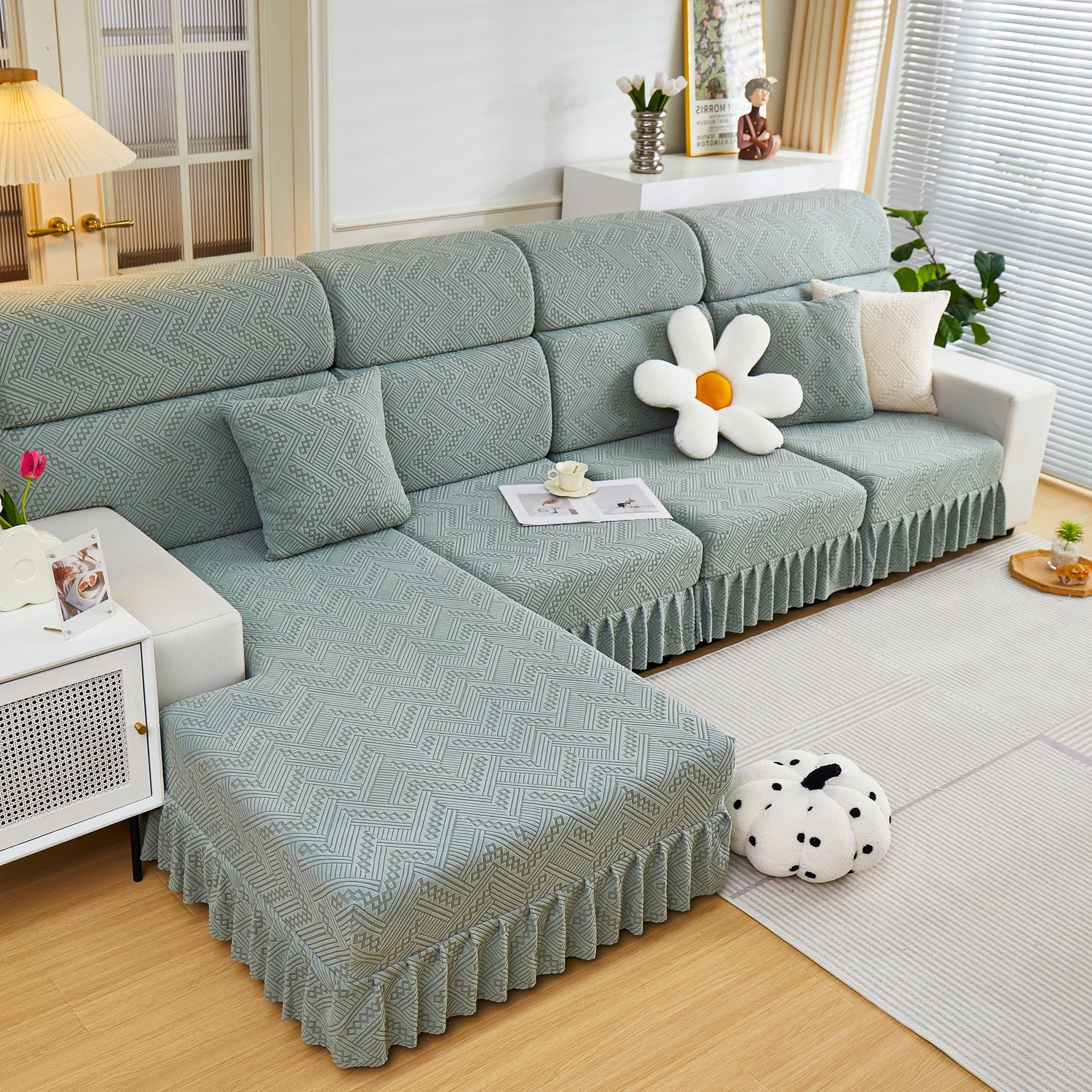 Stretchable Chaise Lounge Sofa Covers and Couch Seat Covers with Skirt for Sectional Couches
