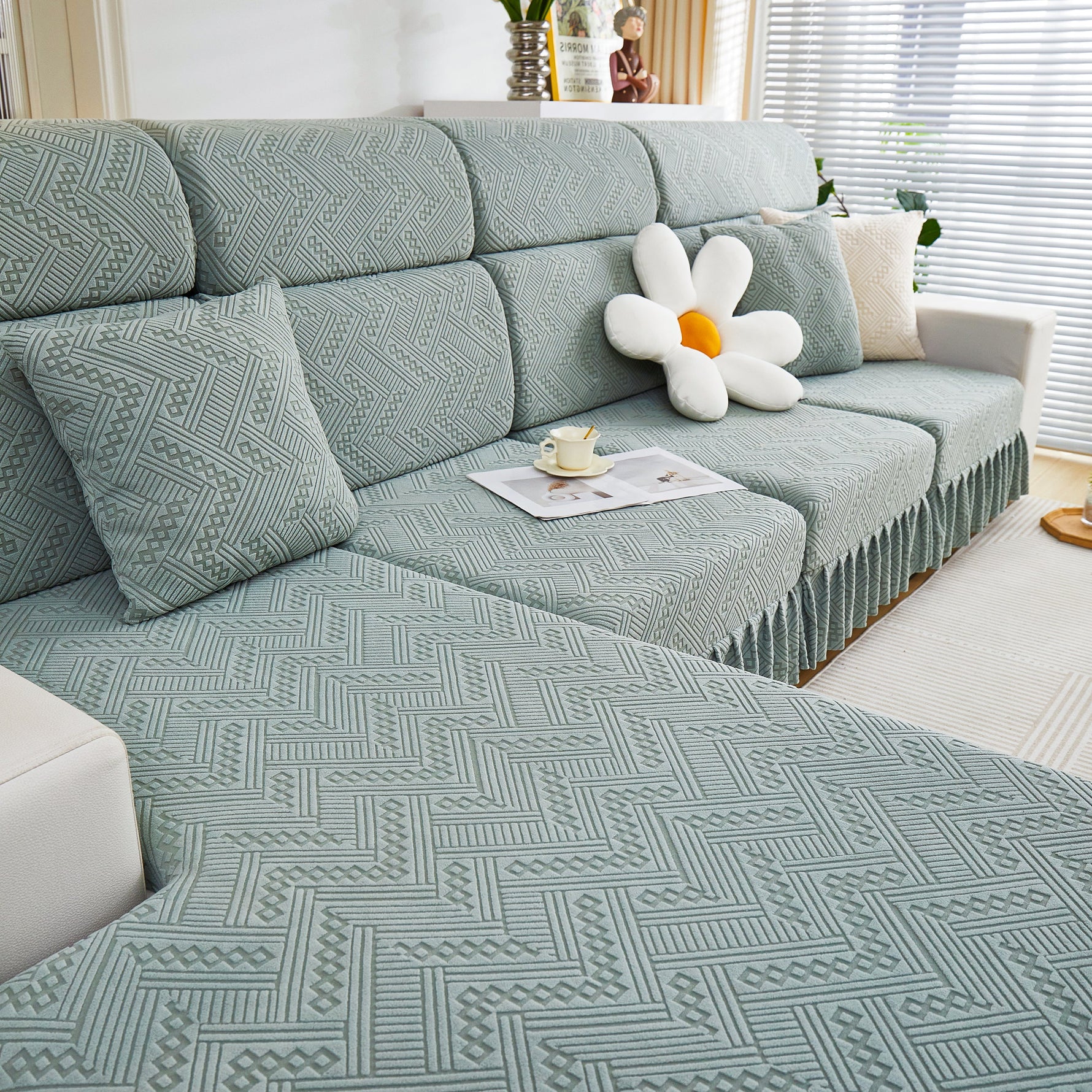 Stretchable Chaise Lounge Sofa Covers and Couch Seat Covers with Skirt for Sectional Couches