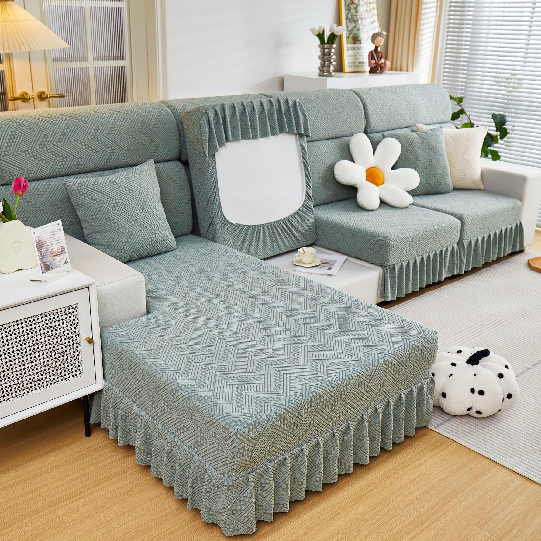 Stretchable Chaise Lounge Sofa Covers and Couch Seat Covers with Skirt for Sectional Couches