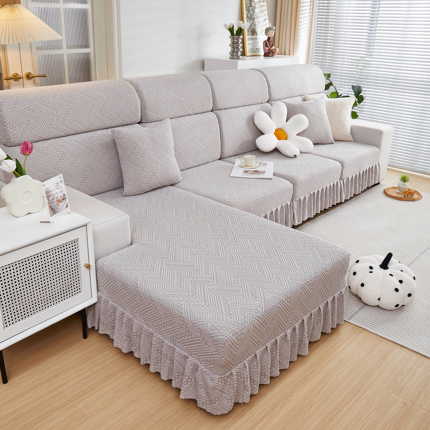 Stretchable Chaise Lounge Sofa Covers and Couch Seat Covers with Skirt for Sectional Couches