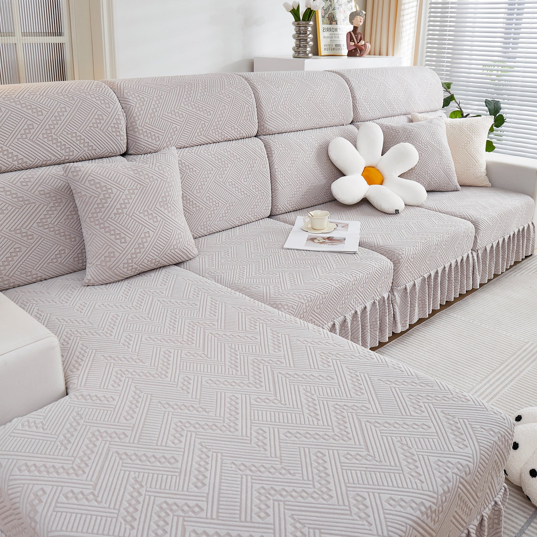 Stretchable Chaise Lounge Sofa Covers and Couch Seat Covers with Skirt for Sectional Couches