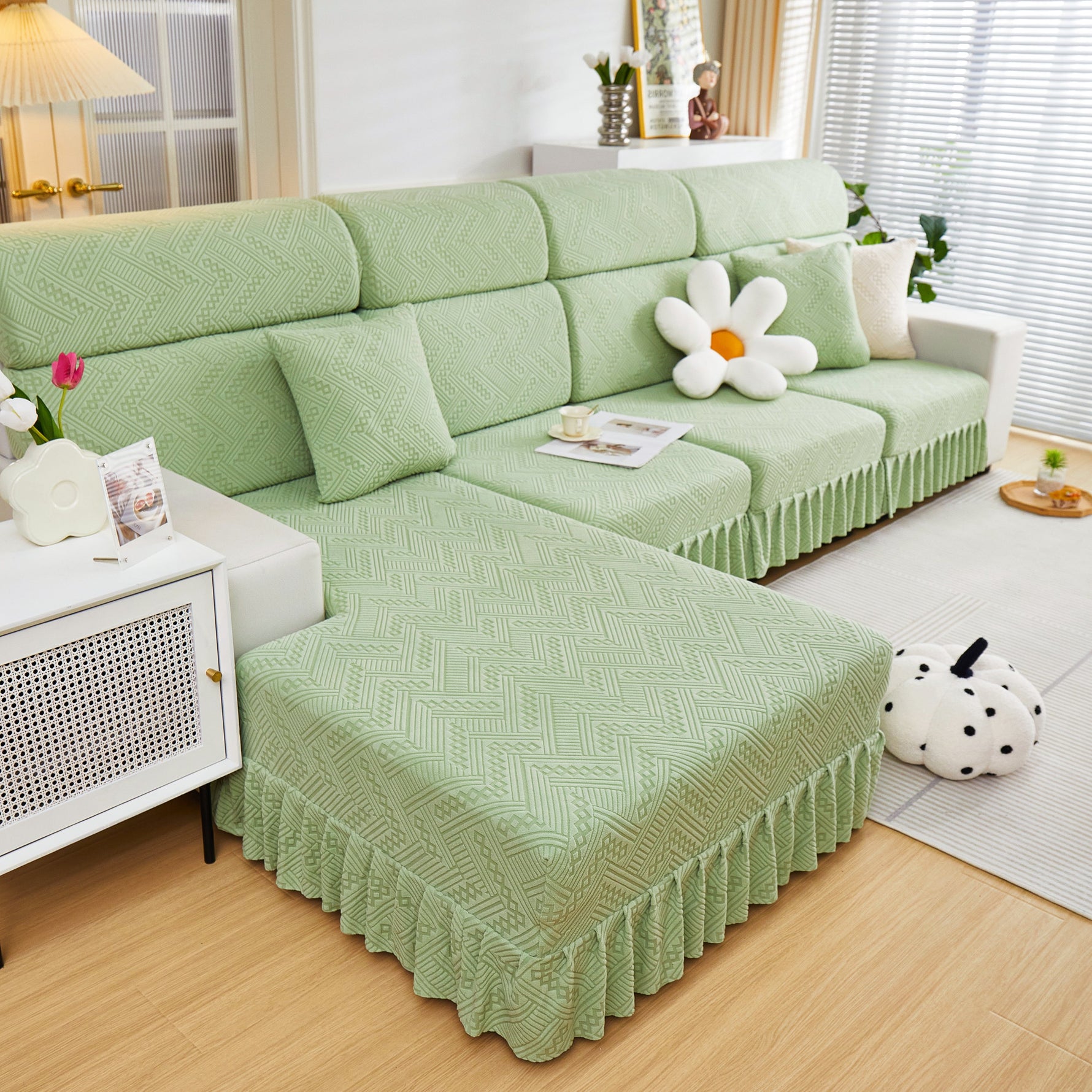 Stretchable Chaise Lounge Sofa Covers and Couch Seat Covers with Skirt for Sectional Couches