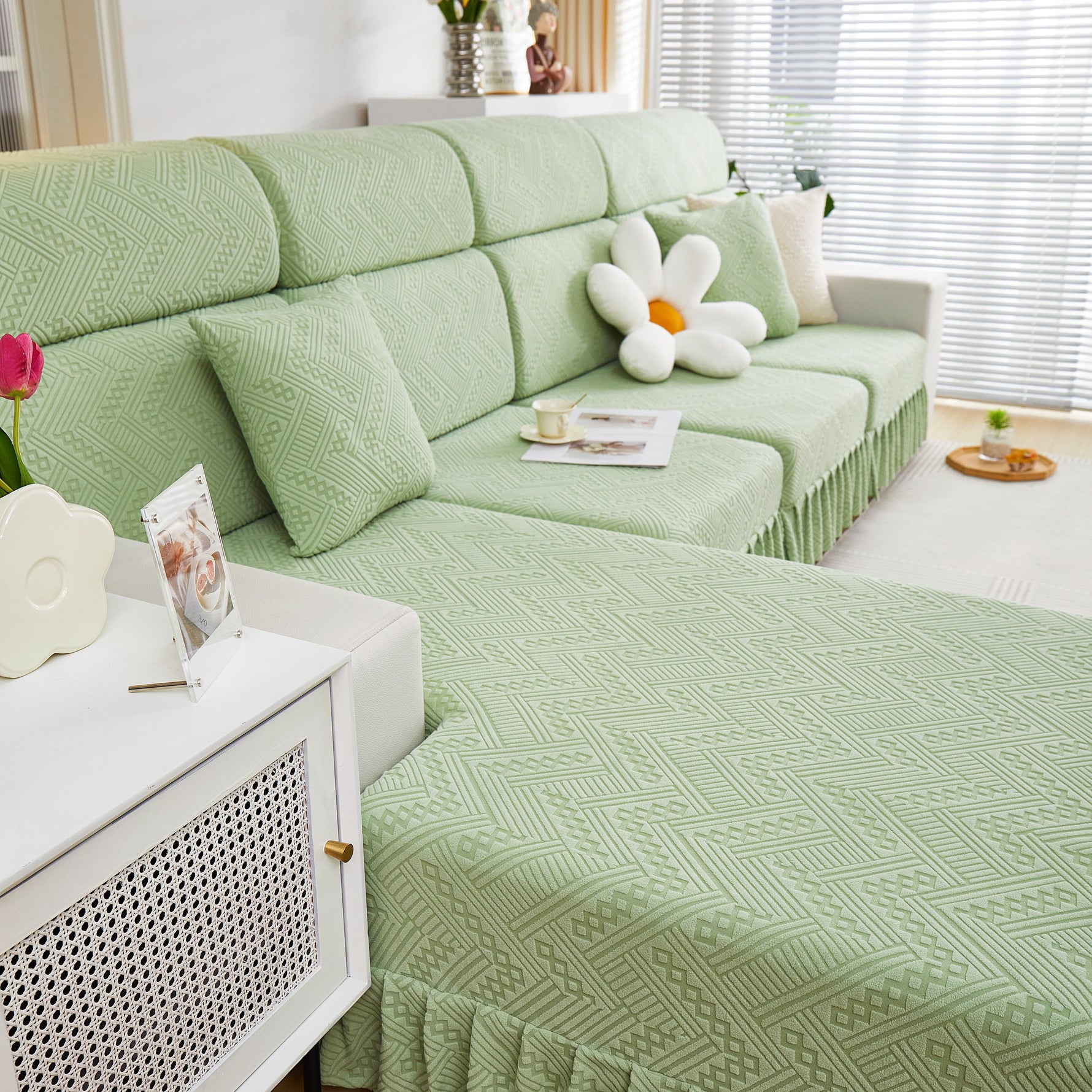 Stretchable Chaise Lounge Sofa Covers and Couch Seat Covers with Skirt for Sectional Couches