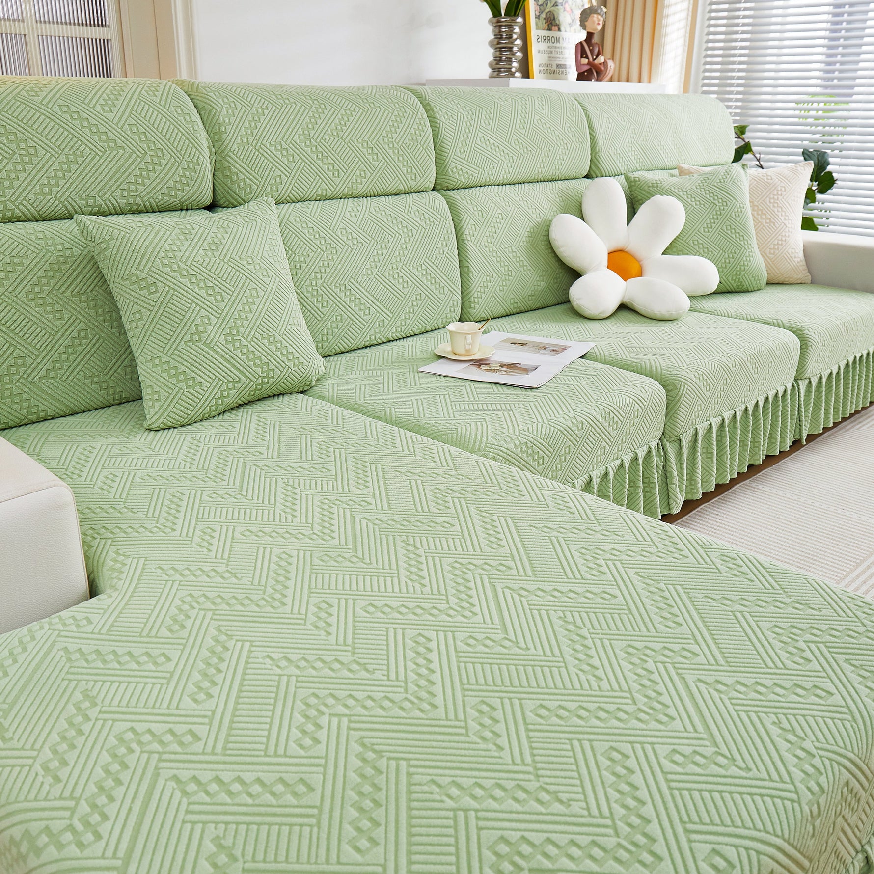 Stretchable Chaise Lounge Sofa Covers and Couch Seat Covers with Skirt for Sectional Couches