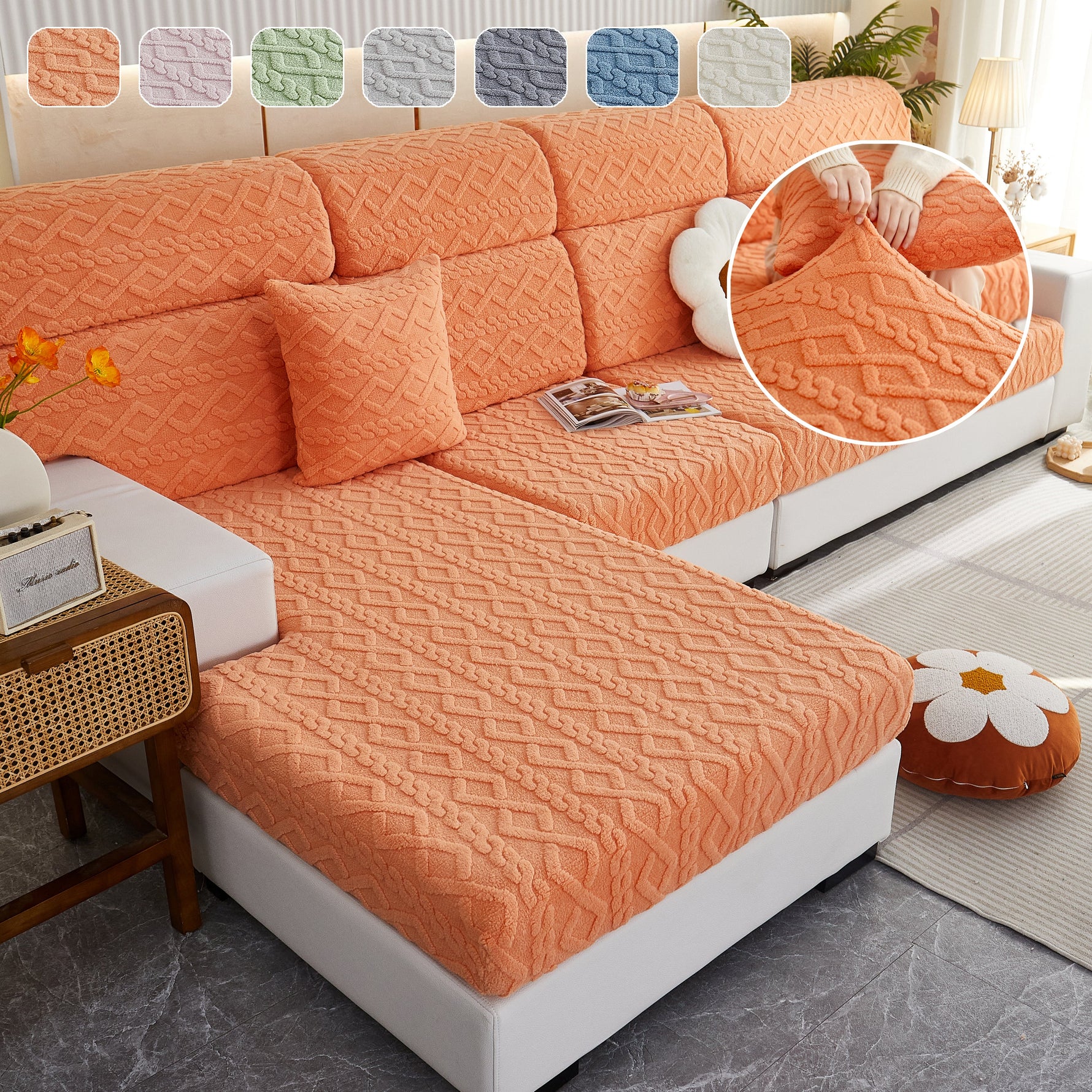 Stretchable Cotton Velvet Non-Slip Furniture Covers Couch Cushion Covers for L-Shaped Sofa, Pets