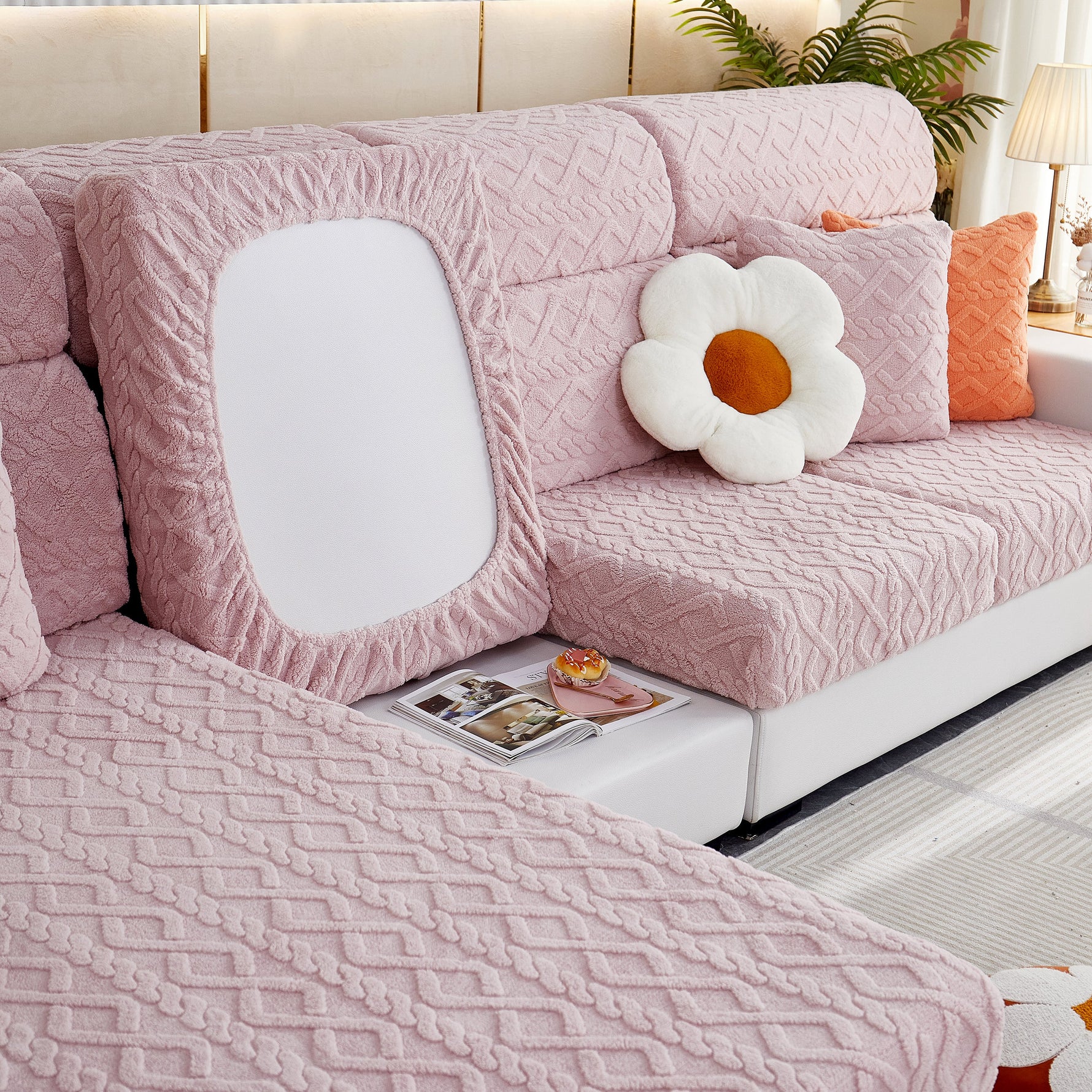 Stretchable Cotton Velvet Non-Slip Furniture Covers Couch Cushion Covers for L-Shaped Sofa, Pets