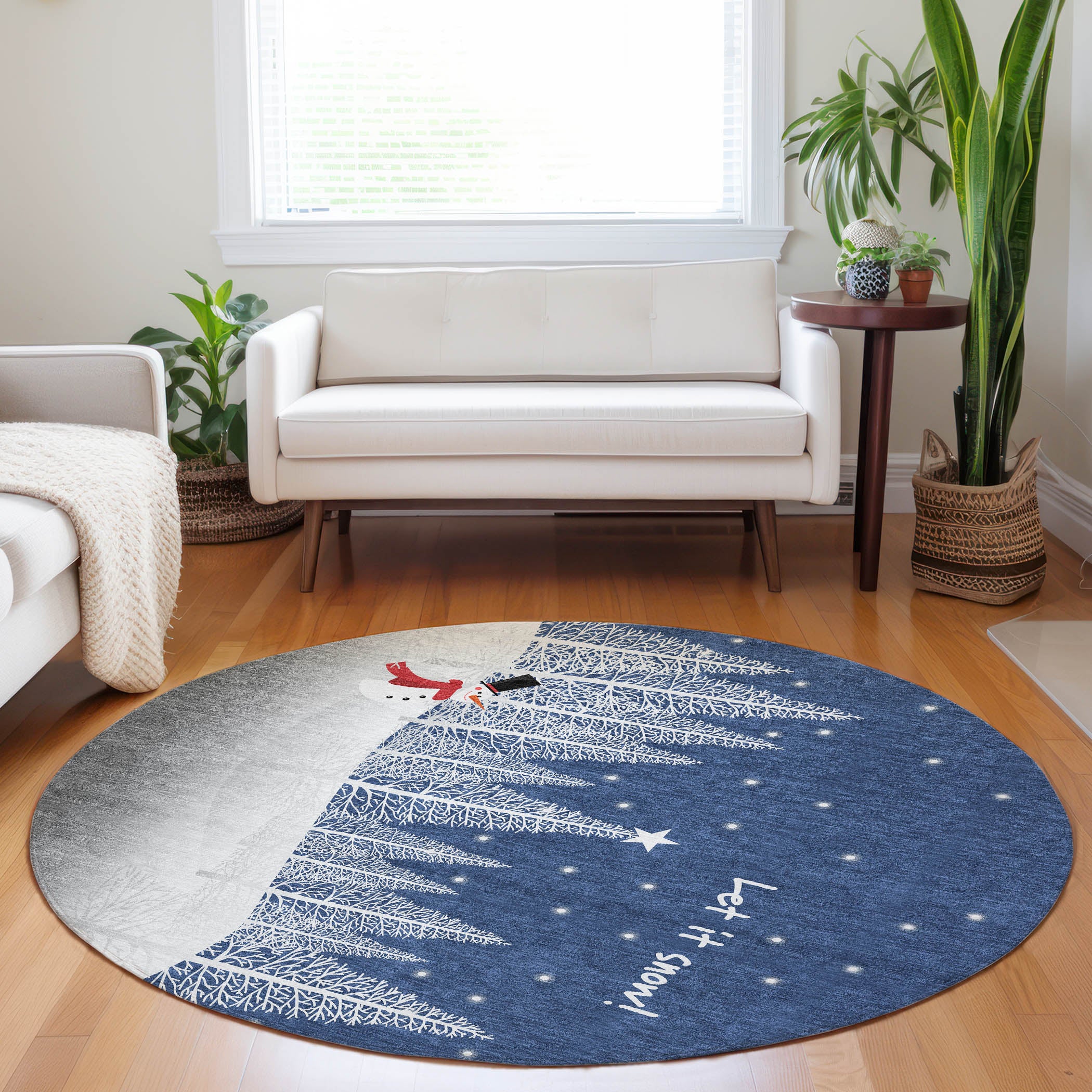 Luxury Machine Washable Indoor/Outdoor Holiday WN12 Navy Blue Rug 8' x 8' #shape_Round