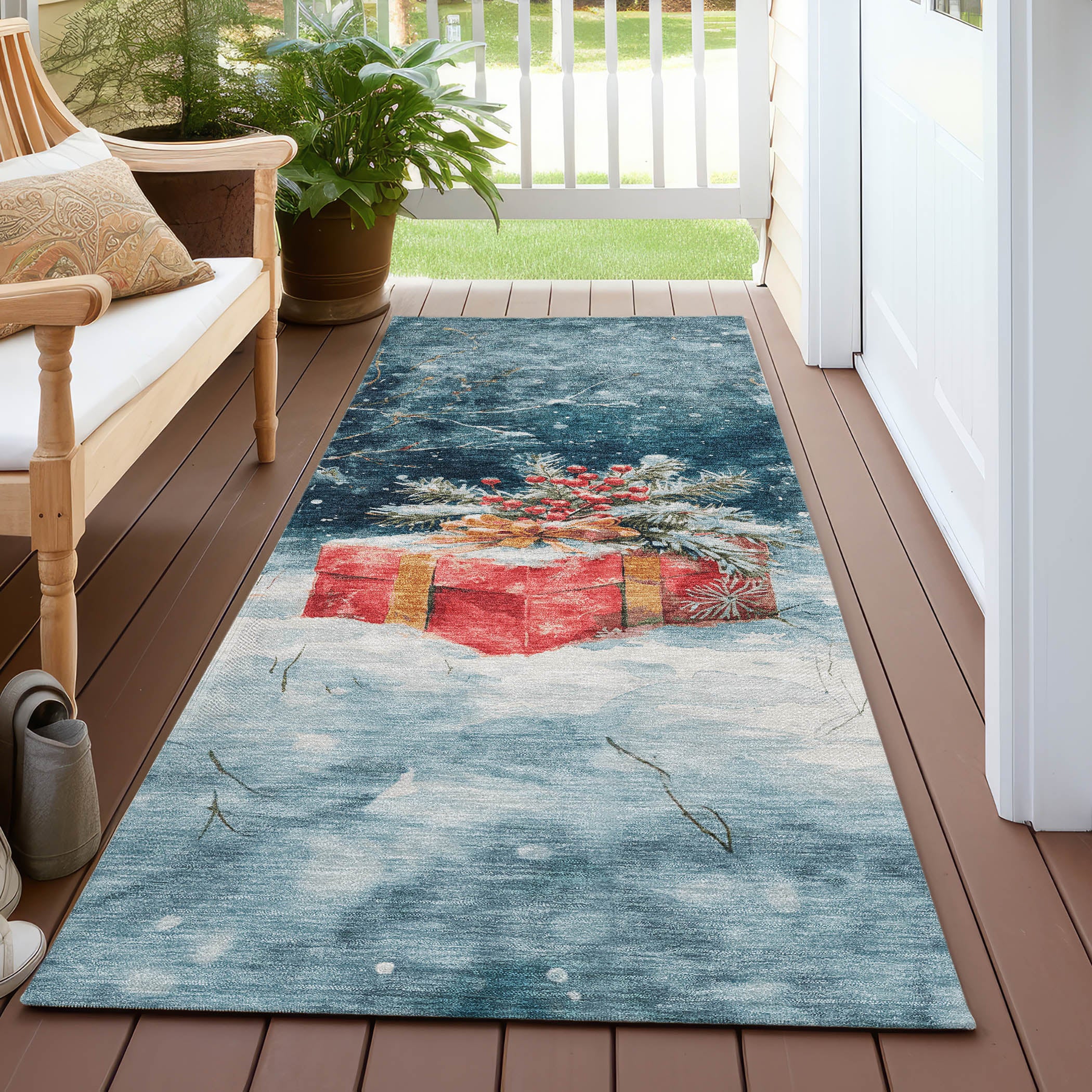 Luxury Machine Washable Indoor/Outdoor Holiday WN13 Blue Rug 2'3" x 7'6" #shape_Runner