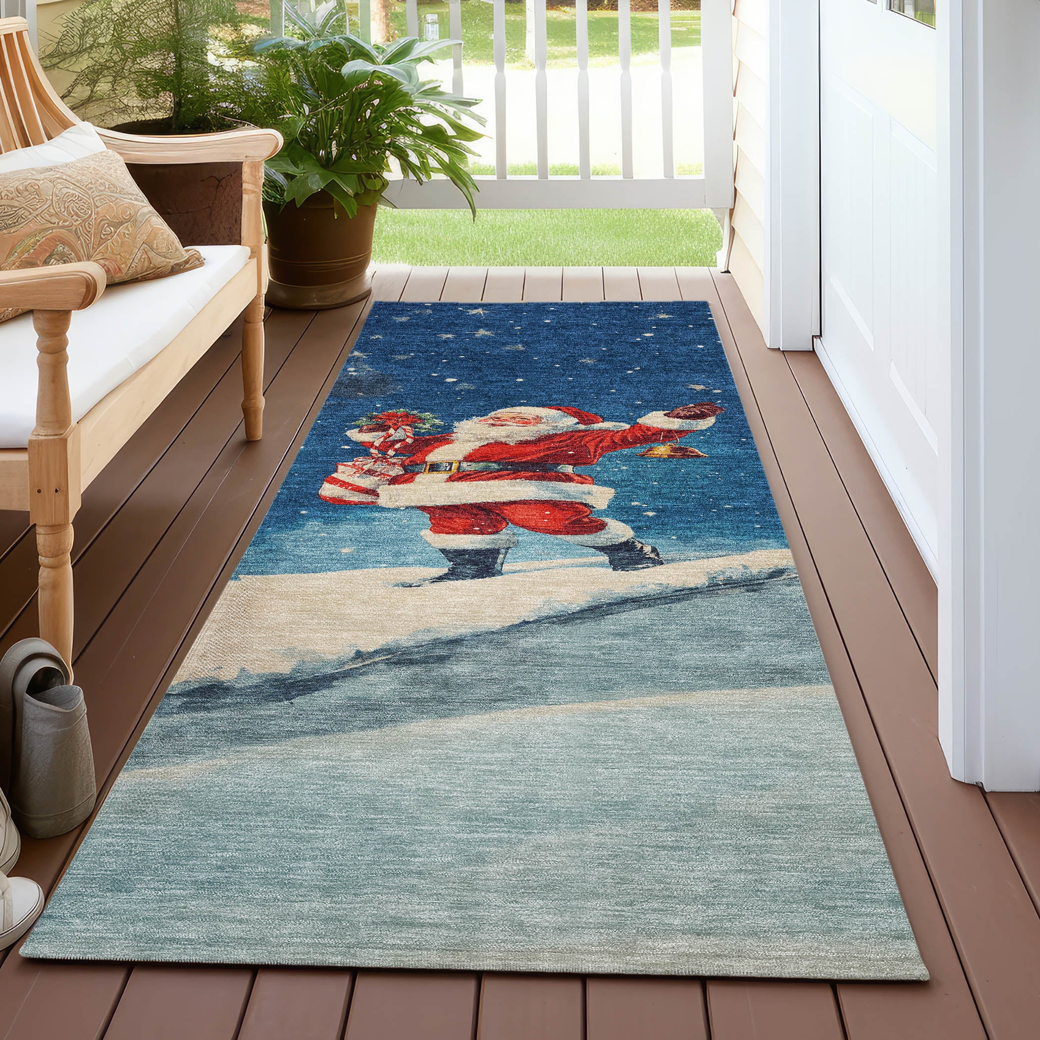 Luxury Machine Washable Indoor/Outdoor Holiday WN15 Blue Rug 2'3" x 7'6" #shape_Runner