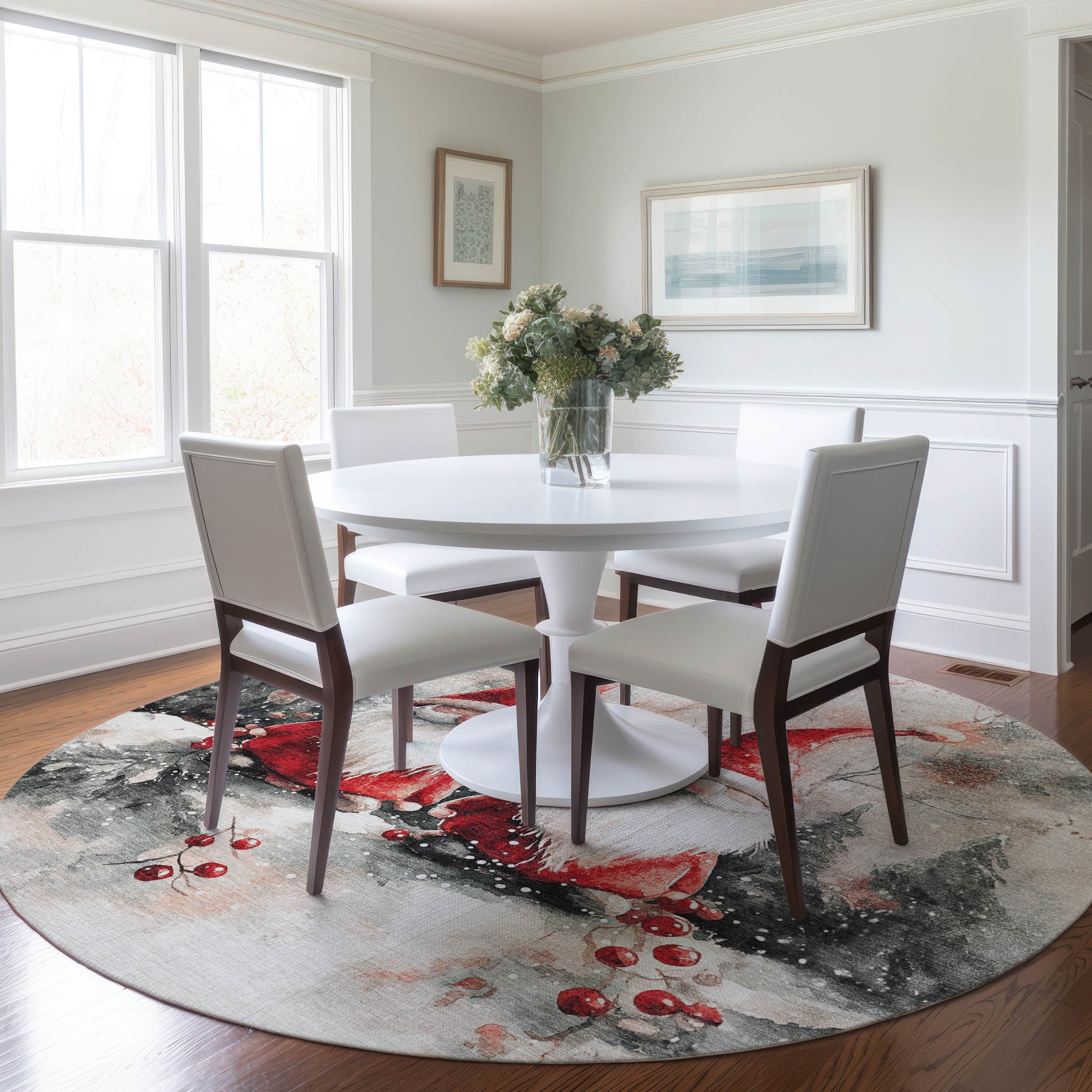 Luxury Machine Washable Indoor/Outdoor Holiday WN16 Ivory Rug 8' x 8' #shape_Round