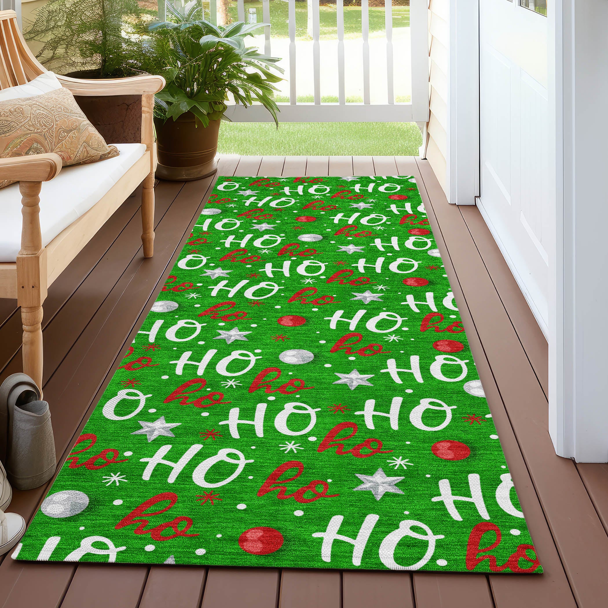 Luxury Machine Washable Indoor/Outdoor Holiday WN18 Green Rug 2'3" x 7'6" #shape_Runner