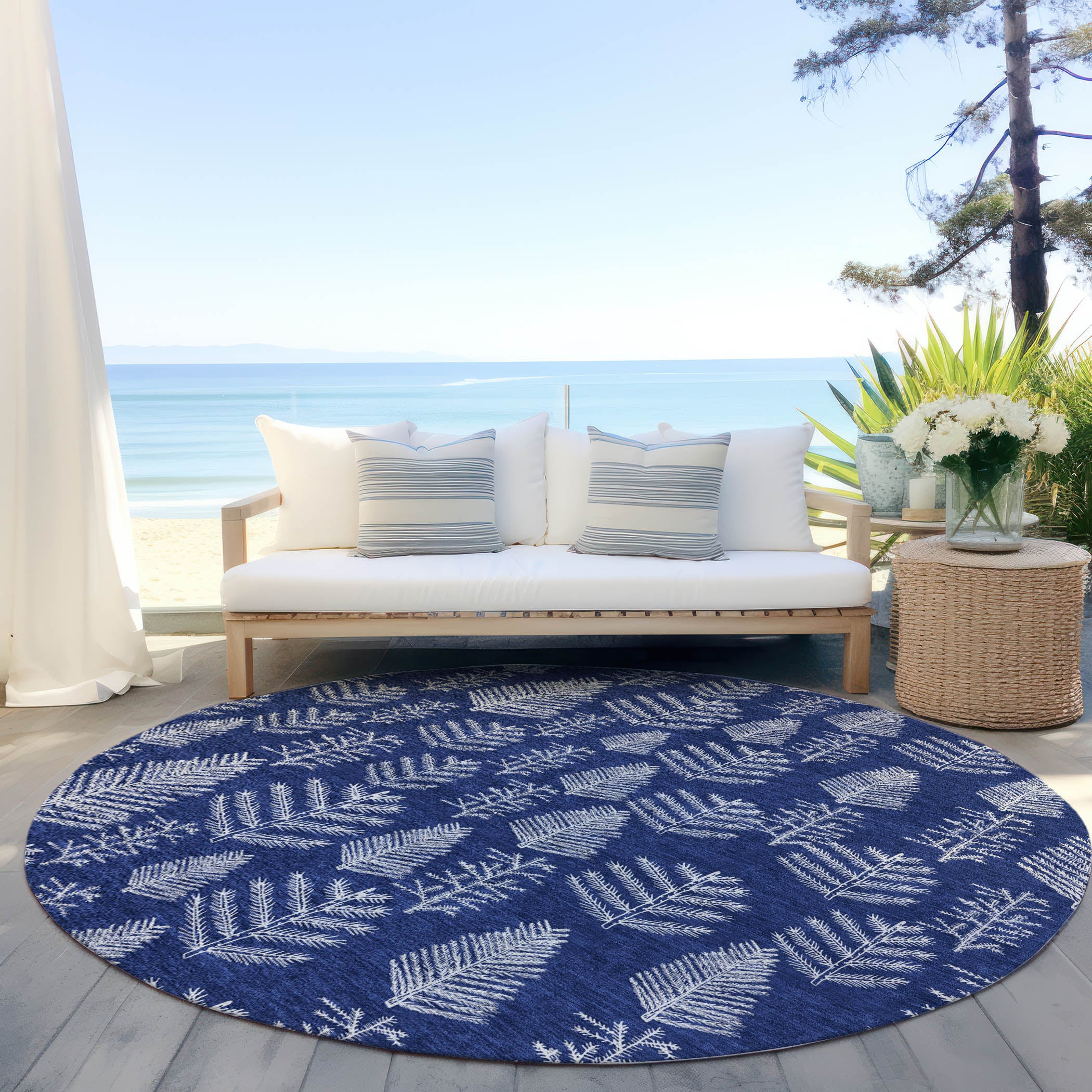 Luxury Machine Washable Indoor/Outdoor Holiday WN21 Navy Blue Rug 8' x 8' #shape_Round