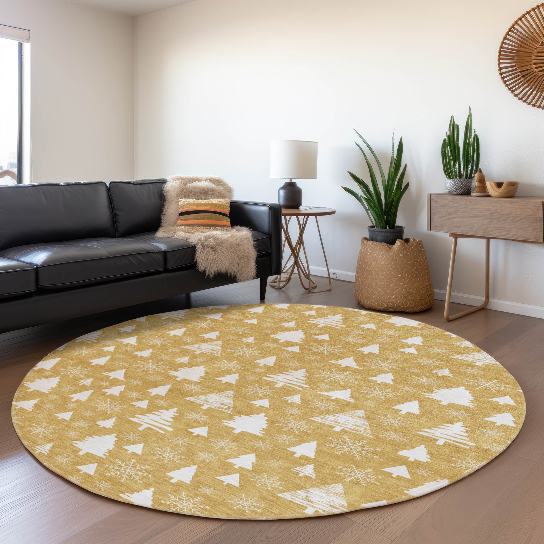 Luxury Machine Washable Indoor/Outdoor Holiday WN23 Gold Rug 8' x 8' #shape_Round
