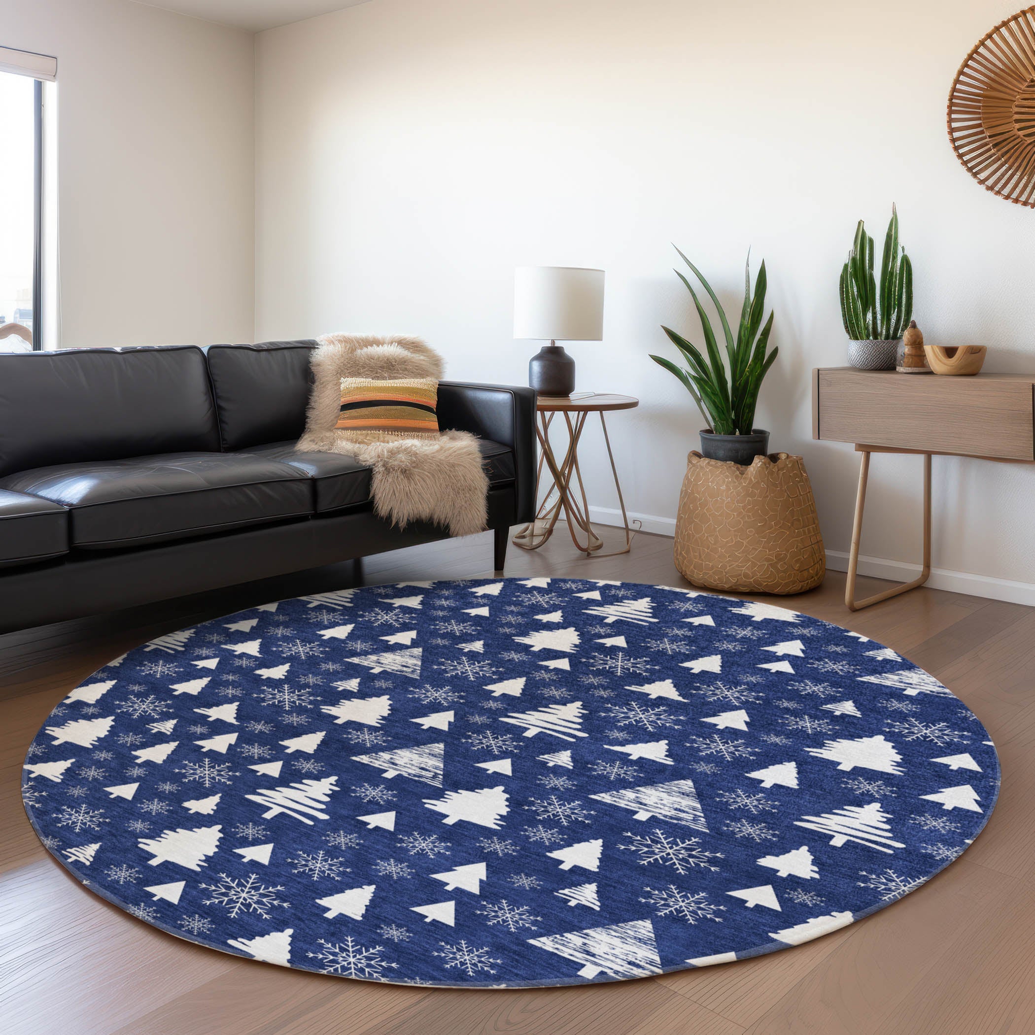 Luxury Machine Washable Indoor/Outdoor Holiday WN23 Navy Blue Rug 8' x 8' #shape_Round