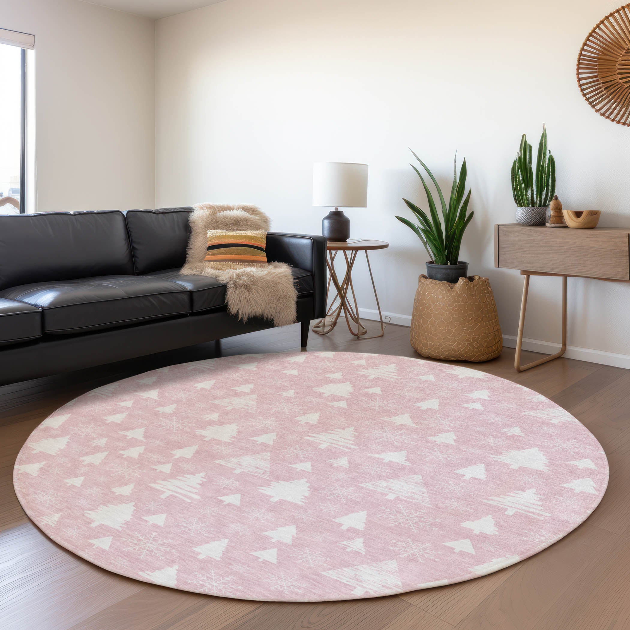 Luxury Machine Washable Indoor/Outdoor Holiday WN23 Pink Rug 8' x 8' #shape_Round