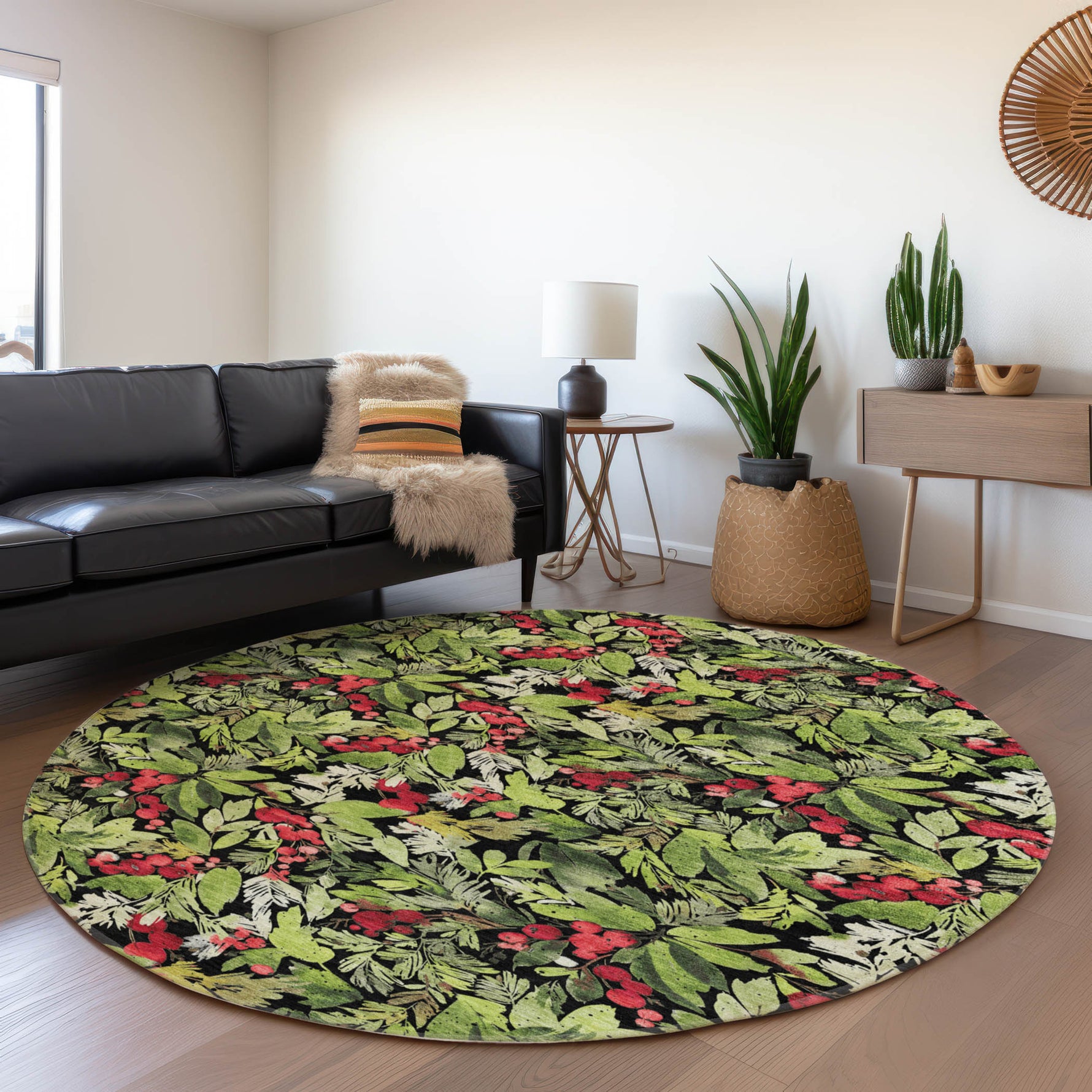 Luxury Machine Washable Indoor/Outdoor Holiday WN24 Black Rug 8' x 8' #shape_Round