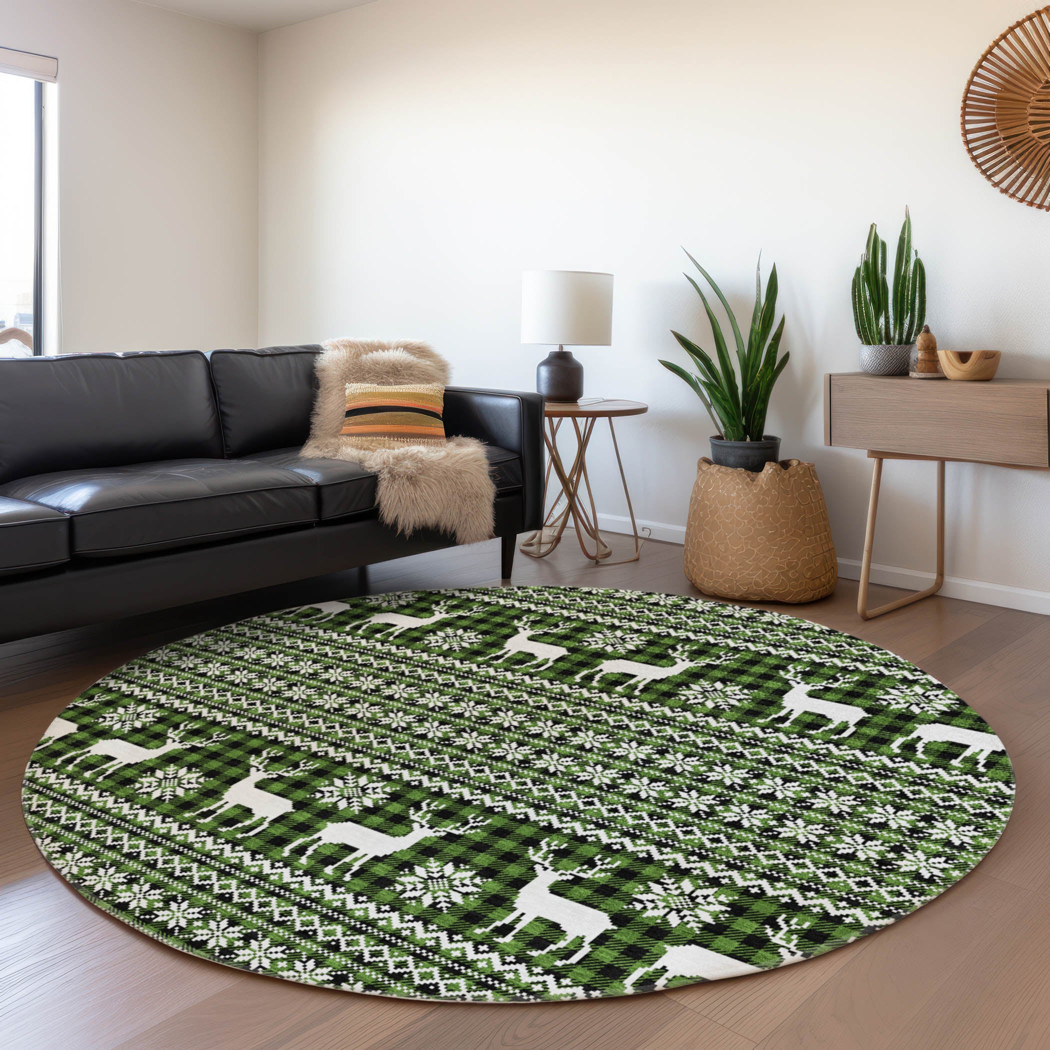 Luxury Machine Washable Indoor/Outdoor Holiday WN28 Cactus Green Rug 8' x 8' #shape_Round