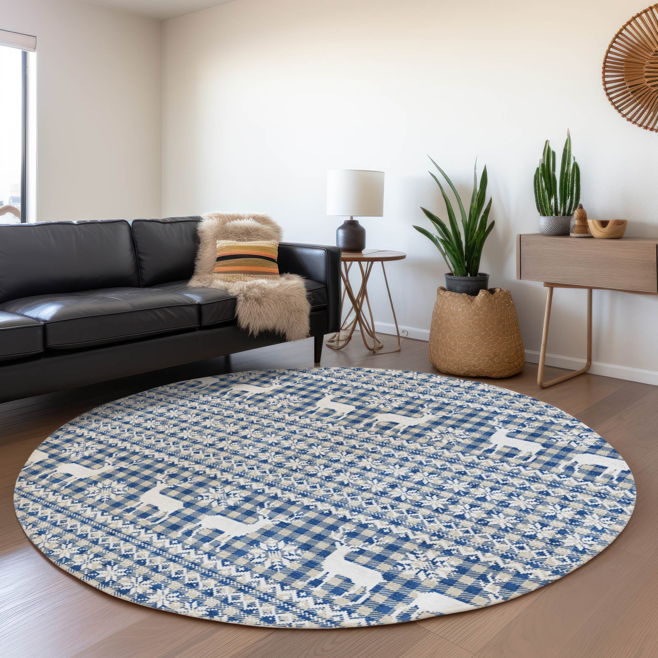 Luxury Machine Washable Indoor/Outdoor Holiday WN28 Navy Blue Rug 8' x 8' #shape_Round