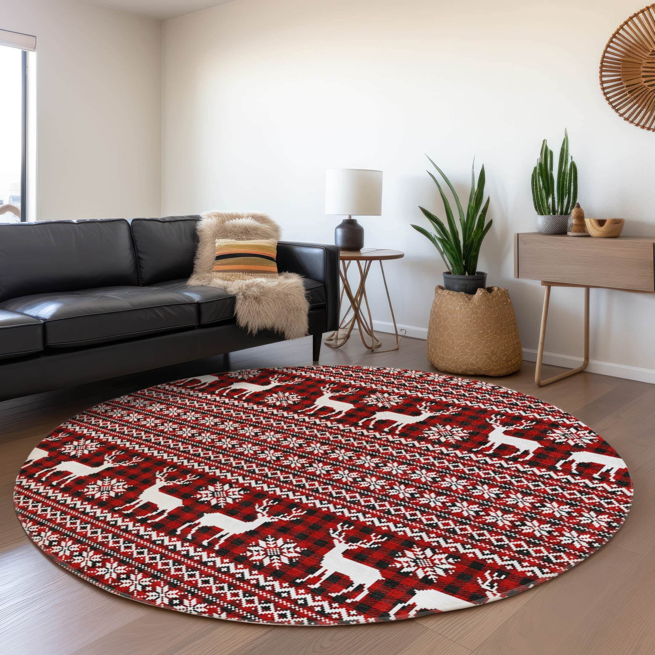 Luxury Machine Washable Indoor/Outdoor Holiday WN28 Red Rug 8' x 8' #shape_Round