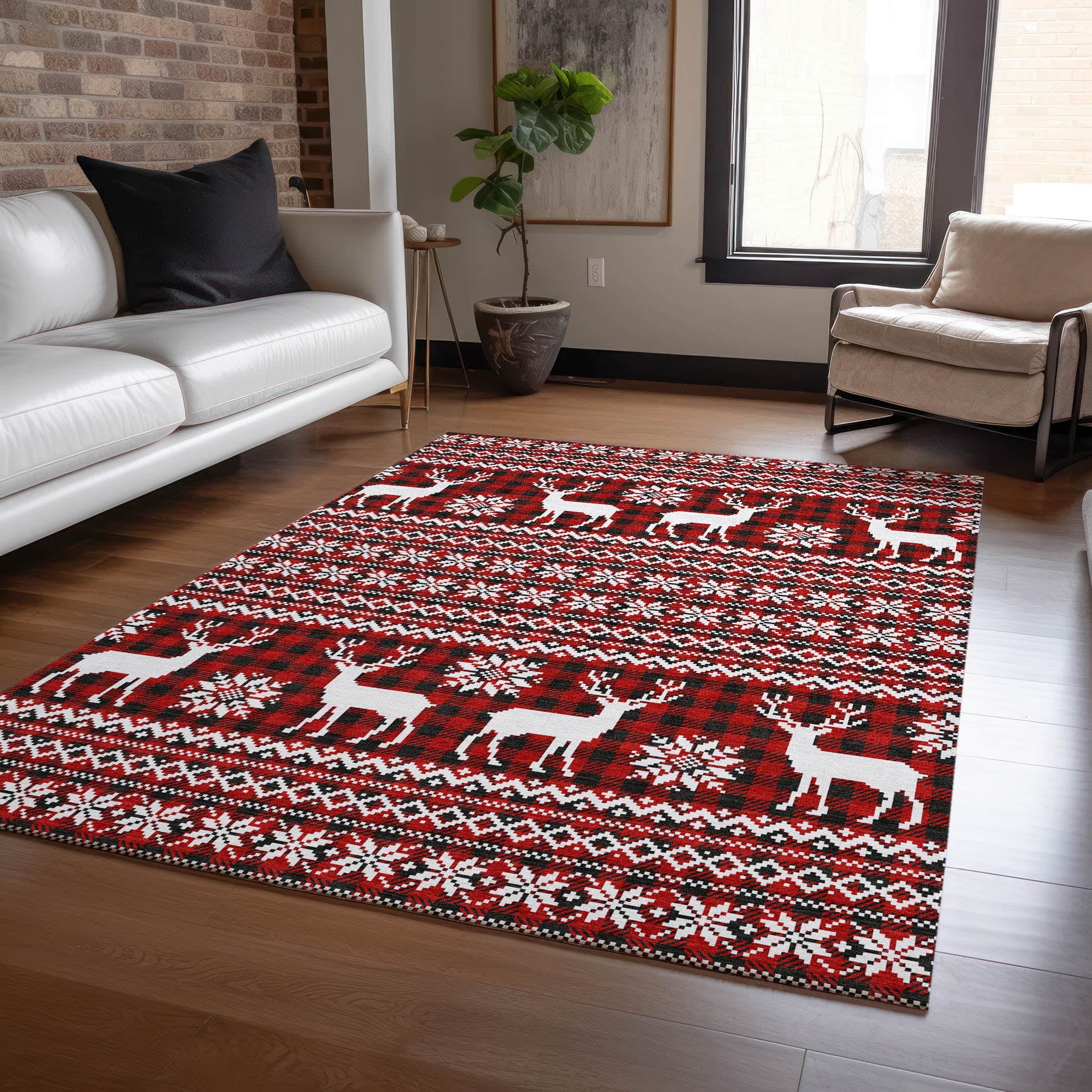 Luxury Machine Washable Indoor/Outdoor Holiday WN28 Red Rug 2'6" x 3'10" #shape_Rectangle