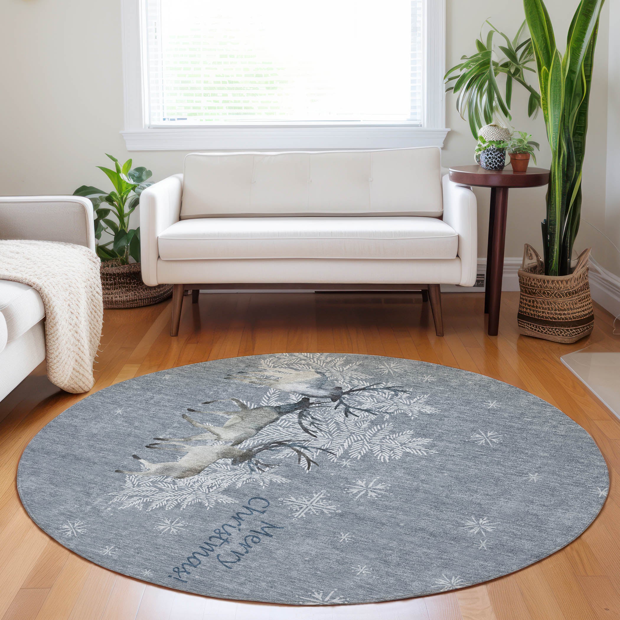 Luxury Machine Washable Indoor/Outdoor Holiday WN2 Gray Rug 8' x 8' #shape_Round