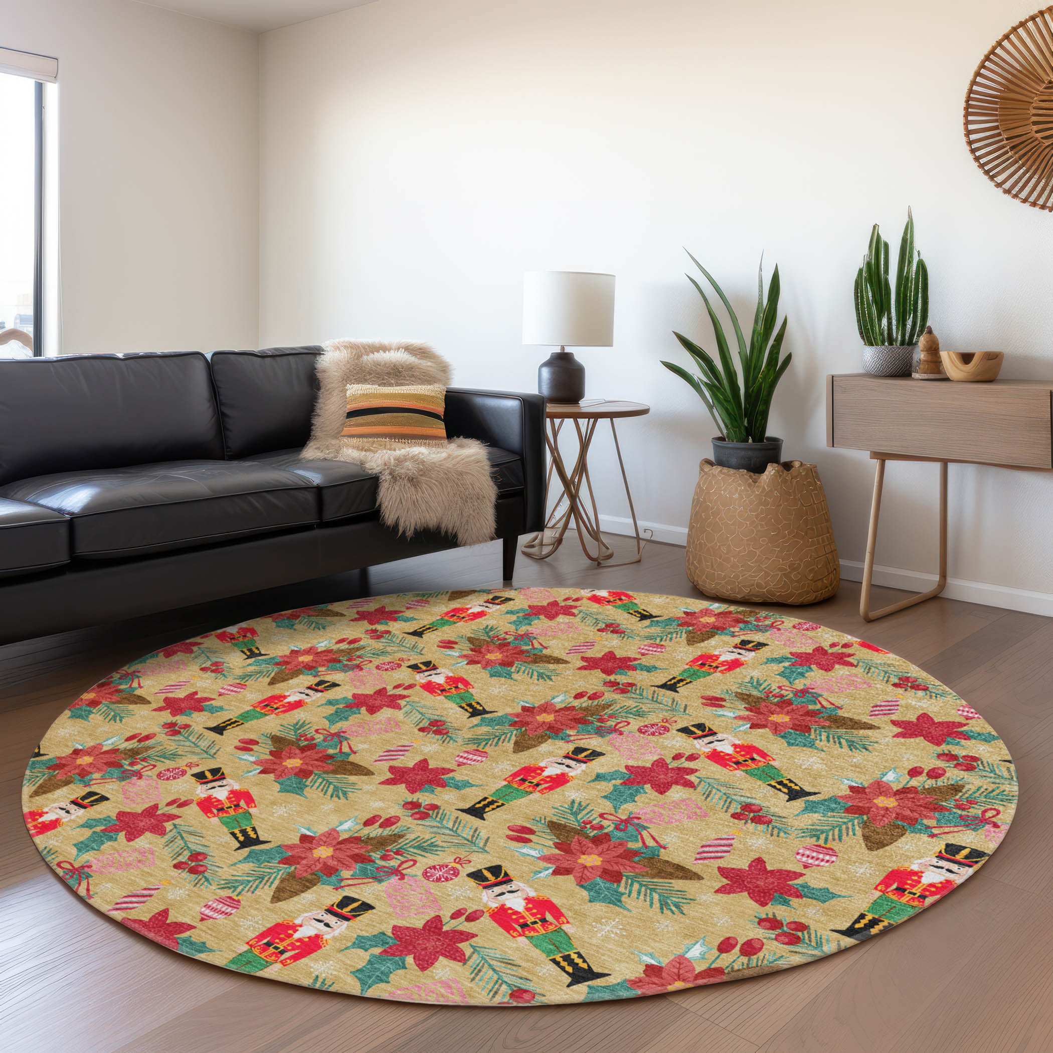 Luxury Machine Washable Indoor/Outdoor Holiday WN30 Gold Rug 8' x 8' #shape_Round