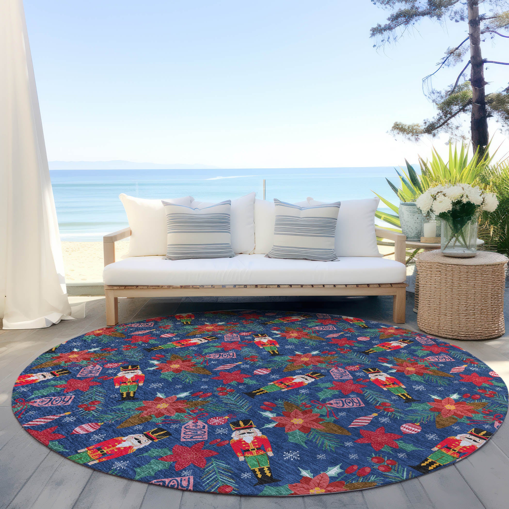 Luxury Machine Washable Indoor/Outdoor Holiday WN30 Navy Blue Rug 8' x 8' #shape_Round