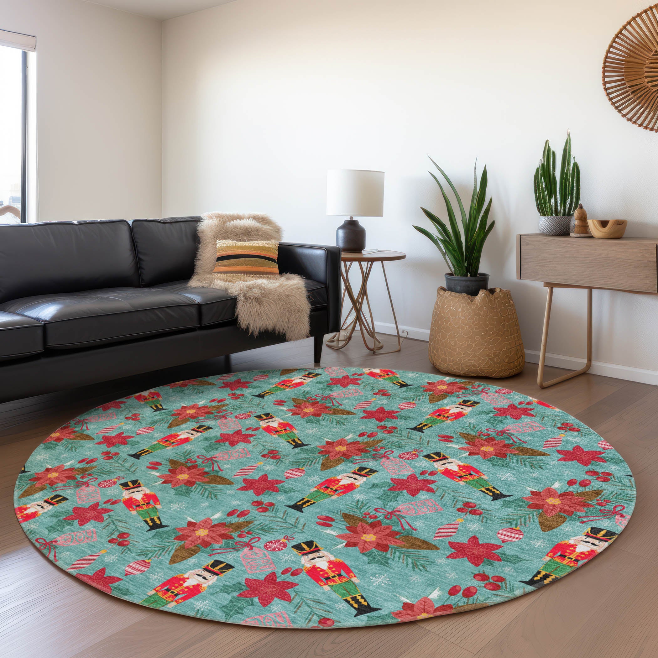 Luxury Machine Washable Indoor/Outdoor Holiday WN30 Teal Rug 8' x 8' #shape_Round